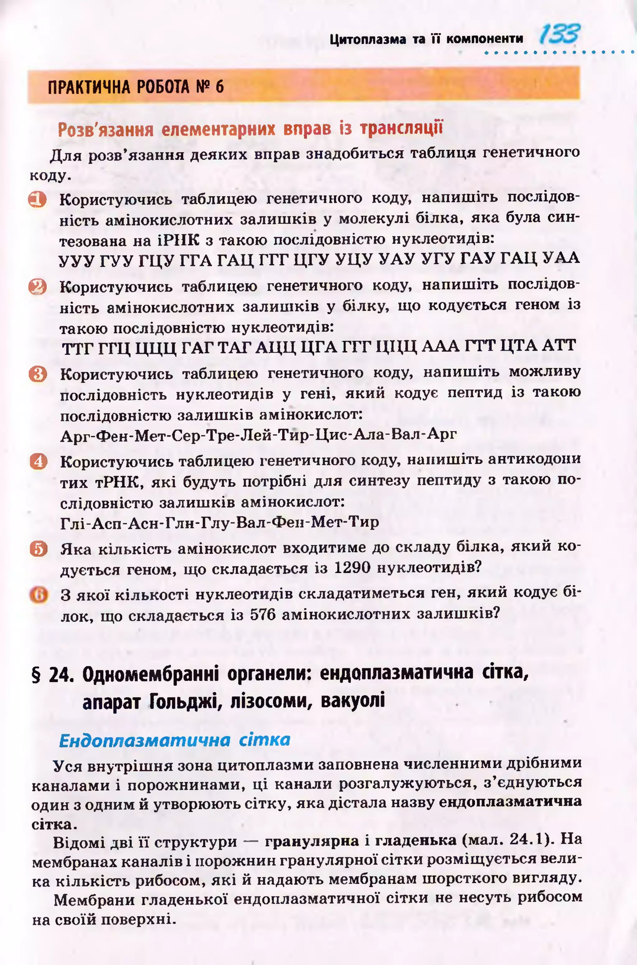 Цитоплазма та її компоненти
П Р А К Т И Ч Н А Р О Б О Т А № 6
Розв'язання елементарних вправ із трансляції
Д ля розв’язання деяких вправ знадобиться таблиця генетичного
коду.
О Користуючись таблицею генетичного коду, напиш іть послідов­
ність амінокислотних залиш ків у молекулі білка, яка була син­
тезована на іР ІІК з такою послідовністю нуклеотидів:
У У У Г У У Г Ц У Г Г Л Г А Ц Г Г Г Ц Г У У Ц У У А У У Г У Г А У Г А Ц У А А
© Користуючись таблицею генетичного коду, напиш іть послідов­
ність амінокислотних залиш ків у білку, що кодується геном із
такою послідовністю нуклеотидів:
Т Т Г Г Г Ц Ц Ц Ц Г А Г Т А Г А Ц Ц Ц Г А Г Г Г Ц Ц Ц А А А Г Т Т Ц Т А A T T
© Користуючись таблицею генетичного коду, напиш іть можливу
послідовність нуклеотидів у гені, який кодує пептид із такою
послідовністю залиш ків амінокислот:
Арг-Ф ен-М ет-Сер-Тре-Лей-Тир-Цис-Ала-Вал-Арг
© Користуючись таблицею генетичного коду, напиш іть антикодони
тих тР Н К , я к і будуть потрібні для синтезу пептиду з такою по­
слідовністю залиш ків амінокислот:
Глі-Асп-Асн-Глн-Глу-Вал-Ф ен-М ет-Тир
0 Я ка кількість амінокислот входитиме до складу білка, який ко­
дується геном, що складається із 1290 нуклеотидів?
З якої кількості нуклеотидів складатиметься ген, який кодує бі­
лок, що складається із 576 амінокислотних залиш ків?
§ 24. Одномембранні органели: ендоплазматична сітка,
апарат Гольджі, лізосоми, вакуолі
Ендоплазматична сітка
У ся внутріш ня зона цитоплазми заповнена численними дрібними
каналами і порож нинами, ц і канали розгалуж ую ться, з’єднуються
один з одним й утворюють сітку, яка дістала назву ендоплазматична
сітка.
В ідом і дві ї ї структури — гранулярна і гладенька (мал. 24.1). Н а
мембранах каналів і порож нин гранулярної сітки розміщ ується вели­
ка к іл ькість рибосом, я к і й надають мембранам ш орсткого вигляду.
Мембрани гладенької ендоплазматичної сітки не несуть рибосом
на своїй поверхні.
 
