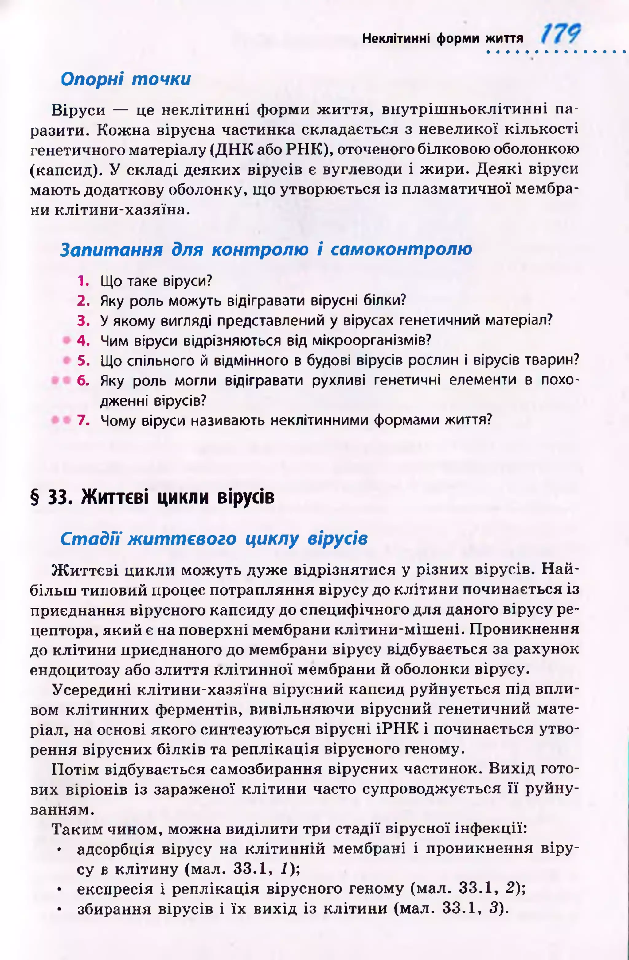 Опорні точки
Неклітинні форми життя
В іруси — це неклітинн і форми ж и ття , вн утр іш н ьокліти н н і па­
разити. Кож на вірусна частинка складається з невеликої кількості
генетичного матеріалу (Д Н К або РИ К ), оточеного білковою оболонкою
(капсид). У складі деяких вірусів є вуглеводи і ж ири. Д е я кі віруси
маю ть додаткову оболонку, що утворю ється із плазматичної мембра­
ни клітини-хазяїна.
Запитання для контролю і самоконтролю
1. Що таке віруси?
2. Яку роль можуть відігравати вірусні білки?
3. У якому вигляді представлений у вірусах генетичний матеріал?
4. Чим віруси відрізняються від мікроорганізмів?
5. Що спільного й відмінного в будові вірусів рослин і вірусів тварин?
6. Яку роль могли відігравати рухливі генетичні елементи в похо­
дженні вірусів?
7. Чому віруси називають неклітинними формами життя?
§ 33. Життєві цикли вірусів
С та д ії ж и ттєв о го циклу вірусів
Ж и ттєв і цикли мож уть дуже відрізнятися у різних вірусів. Н ай­
більш типовий процес потрапляння вірусу до кліти н и починається із
приєднання вірусного капсиду до специфічного для даного вірусу ре­
цептора, який є на поверхні мембрани клітини-м іш ені. Проникнення
до кліти н и приєднаного до мембрани вірусу відбувається за рахунок
ендоцитозу або злиття к л іти н н ої мембрани й оболонки вірусу.
Усередині клітини-хазяїна вірусний капсид руйнується під впли­
вом кліти нн их ферментів, вивільняю чи вірусний генетичний мате­
ріал, на основі якого синтезуються вірусні ІР Н К і починається утво­
рення вірусних білків та реплікація вірусного геному.
П о тім відбувається самозбирання вірусних частинок. В и хід гото­
вих віріонів із зараженої к л іти н и часто супроводжується її руйну­
ванням.
Таки м чином, мож на виділити три стадії вірусної інф екції:
• адсорбція вірусу на к л іти н н ій мембрані і проникнення віру­
су в кл іти н у (мал. 33.1, 1);
• експресія і реплікація вірусного геному (мал. 33.1, 2);
• збирання вірусів і їх вихід із кліти ни (мал. 33.1, 3).
 