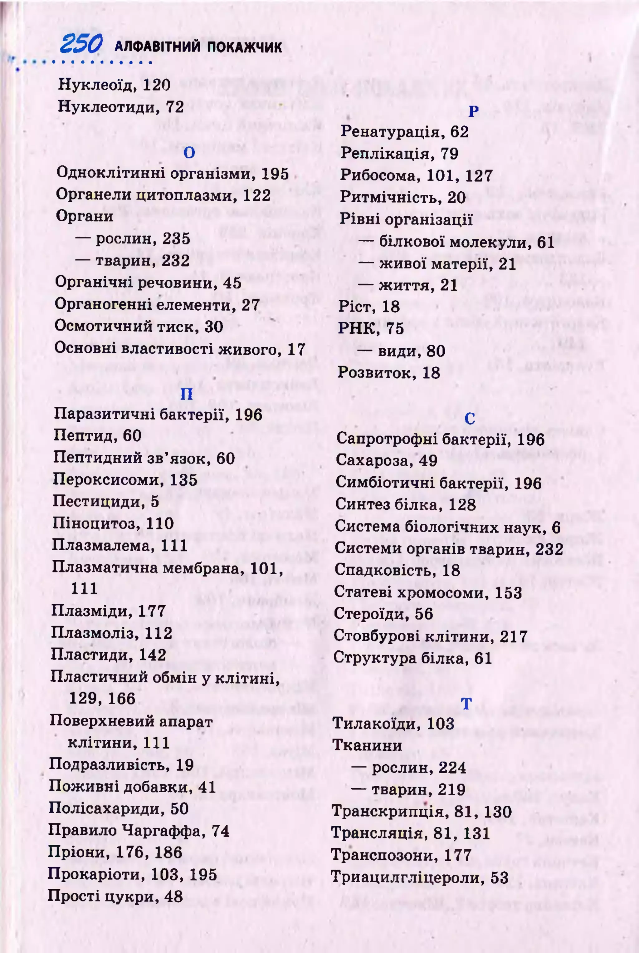 2 5 0 АЛФАВІТНИЙ ПОКАЖЧИК
• •••••••••а
Н уклеоїд, 120
Нуклеотиди, 72
О
О дноклітинні організми, 195
Органели цитоплазми, 122
Органи
— рослин, 235
— тварин, 232
О рганічні речовини, 45
Органогенні елементи, 27
О смотичний тиск, 30
Основні властивості живого, 17
П
П аразитичні бактерії, 196
П ептид, 60
П ептидний зв’язок, 60
Пероксисоми, 135
Пестициди, 5
П іноцитоз, 110
Плазмалема, 111
Плазматична мембрана, 101,
111
П лазміди, 177
П лазмоліз, 112
Пластиди, 142
П ластичний обмін у к л іти н і,
129,166
Поверхневий апарат
кліти н и , 111
Подразливість, 19
П ож и вн і добавки, 41
Полісахариди, 50
Правило Чаргаффа, 74
П ріони, 176, 186
П рокаріоти, 103, 195
П рості цукри, 48
Р
Ренатурація, 62
Реп лікац ія, 79
Рибосома, 101, 127
Р и тм ічн ість, 20
Р ів н і організації
— білкової молекули, 61
— ж и вої матерії, 21
— ж и ття, 21
Р іст, 18
Р Н К , 75
— в и д и ,80
Розвиток, 18
С
Сапротрофні бактерії, 196
Сахароза, 49
С им біотичні бактерії, 196
Синтез білка, 128
Система біологічних наук, 6
Системи органів тварин, 232
Спадковість, 18
Статеві хромосоми, 153
Стероїди, 56
Стовбурові кліти ни, 217
Структура білка, 61
Т
Тилакоїди, 103
Тканини
— р о сл и н ,224
— тв а р и н ,219
Транскрипція, 81, 130
Трансляція, 81, 131
Транспозони, 177
Триацилгліцероли, 53
 