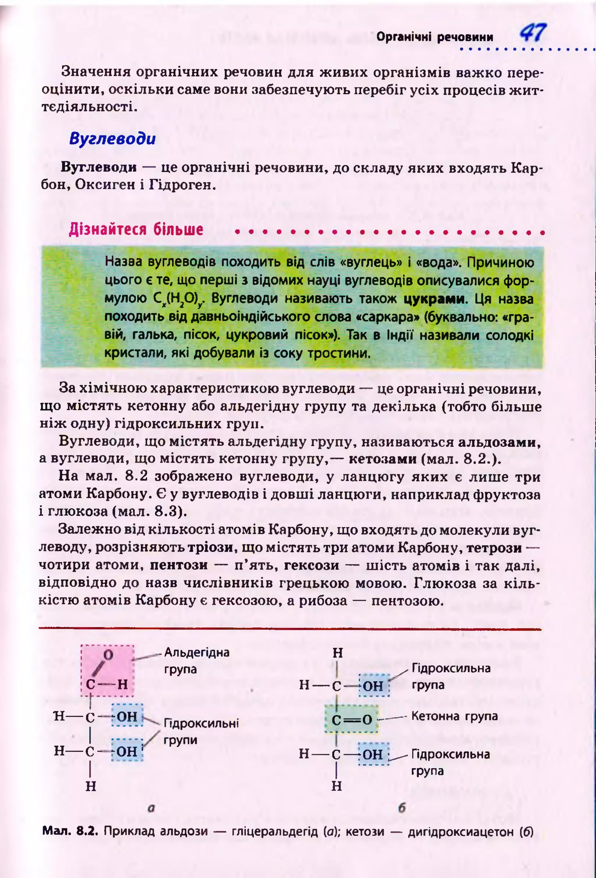 Органічні речовини
Значення органічних речовин для ж ивих організмів важ ко пере­
оцінити, оскільки саме вони забезпечують перебіг усіх процесів ж и т­
тєдіяльності.
Вуглеводи
Вуглеводи — це органічні речовини, до складу яких входять К ар­
бон, Оксиген і Гідроген.
Дізнайтеся більше
Назва вуглеводів походить від слів «вуглець» і «вода». Причиною
цього є те, що перші з відомих науці вуглеводів описувалися фор­
мулою Сд(Н20)у. Вуглеводи називають також цукрами. Ця назва
походить від давньоіндійського слова «саркара» (буквально: «гра­
вій, галька, пісок, цукровий пісок»). Так в Індії називали солодкі
кристали, які добували із соку тростини.
За хім ічн ою характеристикою вуглеводи — це органічні речовини,
що м істять кетонну або альдегідну групу та декілька (тобто більш е
н іж одну) гідроксильних груп.
Вуглеводи, що м істять альдегідну групу, називаються альдозами,
а вуглеводи, що м істять кетонну групу,— кетозами (мал. 8.2.).
Н а мал. 8.2 зображено вуглеводи, у ланцю гу яких є лиш е три
атоми Карбону. Є у вуглеводів і довш і ланцю ги, наприклад фруктоза
і глюкоза (мал. 8.3).
Залежно від кількості атомів Карбону, щ о входять до молекули вуг­
леводу, розрізняю ть тріози, що м істять три атоми Карбону, тетрози —
чотири атоми, пентози — п ’ять, гексози — ш ість атомів і так далі,
відповідно до назв числівн и ків грецькою мовою. Глю коза за к іл ь ­
кістю атомів Карбону є гексозою, а рибоза — пентозою.
С-
t
н — с -
I
н— с-
I
н
-н
-он
- о н ;
-Альдегідна
група
Гідроксильні
групи
Н
/ Гідроксильна
О Н : групаН — С-
С = О ■—----Кетонна група
Н — С — rOH __Гідроксильна
І група
Н
Мал. 8.2. Приклад альдози — гліцеральдегід (о); кетози — дигідроксиацетон (б)
 