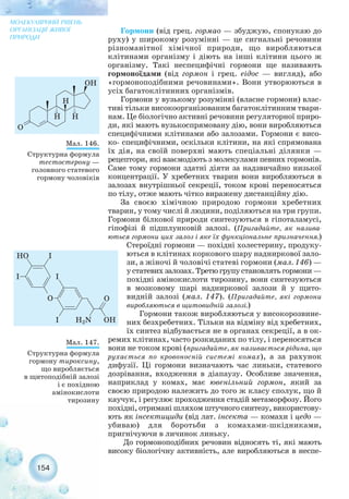 Гормони (від грец. гормао — збуджую, спонукаю до
руху) у широкому розумінні — це сигнальні речовини
різноманітної хімічної природи, що виробляються
клітинами організму і діють на інші клітини цього ж
організму. Такі неспецифічні гормони ще називають
гормоноїдами (від гормон і грец. еідос — вигляд), або
«гормоноподібними речовинами». Вони утворюються в
усіх багатоклітинних організмів.
Гормони у вузькому розумінні (власне гормони) влас-
тиві тільки високоорганізованим багатоклітинним твари-
нам. Це біологічно активні речовини регуляторної приро-
ди, які мають вузькоспрямовану дію, вони виробляються
специфічними клітинами або залозами. Гормони є висо-
ко специфічними, оскільки клітини, на які спрямована
їх дія, на своїй поверхні мають спеціальні ділянки —
рецептори, які взаємодіють з молекулами певних гормонів.
Саме тому гормони здатні діяти за надзвичайно низької
концентрації. У хребетних тварин вони виробляються в
залозах внутрішньої секреції, током крові переносяться
по тілу, отже мають чітко виражену дистанційну дію.
За своєю хімічною природою гормони хребетних
тварин, у тому числі й людини, поділяються на три групи.
Гормони білкової природи синтезуються в гіпоталамусі,
гіпофізі й підшлунковій залозі. (Пригадайте, як назива-
ються гормони цих залоз і яке їх функціональне призначення.)
Стероїдні гормони — похідні холестерину, продуку-
ються в клітинах коркового шару надниркової зало-
зи, а жіночі й чоловічі статеві гормони (мал. 146) —
у статевих залозах. Третю групу становлять гормони —
похідні амінокислоти тирозину, вони синтезуються
в мозковому шарі надниркової залози й у щито-
видній залозі (мал. 147). (Пригадайте, які гормони
виробляються в щитовидній залозі.)
Гормони також виробляються у високорозвине-
них безхребетних. Тільки на відміну від хребетних,
їх синтез відбувається не в органах секреції, а в ок-
ремих клітинах, часто розкиданих по тілу, і переносяться
вони не током крові (пригадайте, як називається рідина, що
рухається по кровоносній системі комах), а за рахунок
дифузії. Ці гормони визначають час линьки, статевого
дозрівання, входження в діапаузу. Особливе значення,
наприклад у комах, має ювенільний гормон, який за
своєю природою належить до того ж класу сполук, що й
каучук, і регулює проходження стадій метаморфозу. Його
похідні, отримані шляхом штучного синтезу, використову-
ють як інсектициди (від лат. інсекта — комахи і цедо —
убиваю) для боротьби з комахами шкідниками,
пригнічуючи в личинок линьку.
До гормоноподібних речовин відносять ті, які мають
високу біологічну активність, але виробляються в неспе-
154
МОЛЕКУЛЯРНИЙ РІВЕНЬ
ОРГАНІЗАЦІЇ ЖИВОЇ
ПРИРОДИ
Мал. 146.
Структурна формула
тестостерону —
головного статевого
гормону чоловіків
Мал. 147.
Структурна формула
гормону тироксину,
що виробляється
в щитоподібній залозі
і є похідною
амінокислоти
тирозину
 
