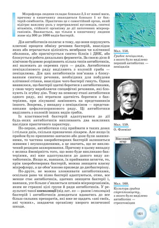 Мікрофлора людини складає близько 2,5 кг живої маси,
причому в кишечнику знаходиться близько 1 кг бак-
терій симбіонтів. Практично це є самостійний орган, який
відіграє важливу роль у перетравленні вуглеводів, синтезі
вітамінів, стійкості організму до дії патогенних мікроор-
ганізмів. Вважається, що тільки в кишечнику людини
живе від 300 до 1000 видів бактерій.
Дія антибіотиків полягає в тому, що вони порушують
ключові процеси обміну речовин бактерій, внаслідок
яких або втрачається цілісність мембрани чи клітинної
оболонки, або пригнічується синтез білків і ДНК, або
блокується робота дихальних ферментів. За своєю дією й
хімічною будовою розрізняють кілька типів антибіотиків,
які належать до окремих груп — рядів. Антибіотики
пеніцилінового ряду виділяють з колоній гриба —
пеніцилюма. Дія цих антибіотиків пов’язана з блоку-
ванням синтезу речовин, необхідних для побудови
клітинної стінки, внаслідок чого бактерії гинуть. Однак
виявилося, що бактерії здатні боротися з антибіотиками,
у свою чергу виробляючи специфічні речовини, які бло-
кують їх згубну дію. Тому на певному етапі антибіотики
одного ряду, які втратили здатність боротися з бак-
теріями, при лікуванні замінюють на представників
іншого. Зокрема, у випадку з пеніциліном — представ-
никами цефалоспоринового ряду. Ці антибіотики
виділяють з колоній інших видів грибів.
Із властивостей бактерій адаптуватися до дії
будь яких антибіотиків випливають два важливих
наслідки практичного характеру.
По перше, антибіотики слід приймати в таких дозах
і стільки днів, скільки призначено лікарем. Але якщо їх
прийом було припинено завчасно або дози були заниже-
ними, то частина хвороботворних бактерій залишиться
живими і неушкодженими, а це значить, що не виклю-
чений рецидив захворювання. Причому в цьому випадку
є велика ймовірність того, що воно буде викликано бак-
теріями, які вже адаптувалися до даного виду ан-
тибіотиків. Якщо ж, навпаки, їх приймання затягти, то,
крім хвороботворних бактерій, можна знищити власну
мікрофлору, а це обов’язково призведе до дисбактеріозу.
По друге, не можна зловживати антибіотиками,
оскільки рано чи пізно бактерії адаптуються, отже, все
менше стає антибіотиків, здатних знищити бактерії і,
навпаки, усе більше з’являється штамів мікроорганізмів,
яким не страшні цілі групи й ряди антибіотиків. У ре-
зультаті такої коеволюції (від лат. ко — разом і еволюція)
бактерій і антибіотиків доводиться вдаватись до все
більш сильних препаратів, які вже не щадять «ані своїх,
ані чужих», завдаючи організму хворого величезної
шкоди.
161
Мал. 158.
Грибок пеніцилюм,
з якого було виділено
перший антибіотик —
пеніцилін
Мал. 159.
О. Флемінг
Мал. 160.
Культура грибка
стрептоміцету,
з якого було виділено
антибіотик —
стрептоміцин
 