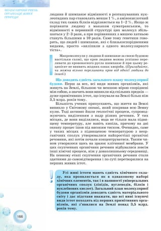 людини й шимпанзе відмінності в розташуваннях нук-
леотидних пар становлять менше 1 %, а амінокислотний
склад тих самих білків відрізняється на 1–2 %. Якщо ж
порівняти людину з макаком суматранським, то
відмінності в первинній структурі цих молекул збіль-
шаться у 2–3 рази, а при порівняннях з мишею хатньою
стануть більшими в 10 разів. Саме тому генетики гово-
рять, що людей і шимпанзе, які є близькоспорідненими
видами, просто «виліпили з одного молекулярного
тіста».
Макромолекули у людини й шимпанзе за своєю будовою
настільки схожі, що кров людини можна успішно пере-
ливати до кровоносного русла шимпанзе й при цьому ре-
ципієнт не виявить жодних ознак хвороби. (Пригадайте,
чи можна вільно переливати кров від однієї людини до
іншої.)
Що доводить єдність загального плану молекулярної
будови. Перш за все, всі види живих організмів, які
живуть на Землі, більшою чи меншою мірою споріднені
між собою, а значить вони виникли від спільних предків —
дуже примітивних істот, що існували на Землі більш ніж
3,5 млрд. років тому.
Більшість учених припускають, що життя на Землі
виникло у Світовому океані, який покривав всю Земну
кулю. Тоді активно йшли геологічні процеси, супровод-
жуючись виділенням з надр різних речовин. У тих
місцях, де вони виділялися, вода не тільки мала підви-
щену температуру, але навіть кипіла, причому на дні
океану процес ішов під високим тиском. Очевидно, саме
у таких місцях з підвищеною температурою з неор-
ганічних сполук утворювалися найпростіші органічні
речовини, які потім почали концентруватися. Таким чи-
ном утворилося щось на зразок клітинної мембрани. У
цих скупченнях органічних речовин відбувалися зовсім
інші хімічні процеси, ніж у довколишньому середовищі.
На певному етапі скупчення органічних речовин стали
здатними до самовідтворення і по суті перетворилися на
перших живих істот.
166
МОЛЕКУЛЯРНИЙ РІВЕНЬ
ОРГАНІЗАЦІЇ ЖИВОЇ
ПРИРОДИ
Усі живі істоти мають єдність хімічного скла-
ду, яка проявляється як в однаковому наборі
хімічних елементів, так і в наявності універсальних
органічних сполук (ліпідів, вуглеводів, білків і
нуклеїнових кислот). Загальний план молекулярної
будови організмів доводить єдність матеріального
світу і дає підстави вважати, що всі нині існуючі
види істот походять від перших примітивних орга-
нізмів, які з’явилися на Землі понад 3,5 млрд.
років тому.
 