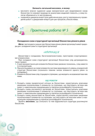 52
Складання схем структурної організації біосистем різного рівня
Мета: застосувати знання про біосистеми різних рівнів організації живої приро-
ди для складання схем їх структурної організації
Запишіть загальний висновок, в якому:
˜ висловте власне судження щодо використання для моделювання ознак
біосистем тіл неживої природи як аналогових моделей і поясніть, у чому по-
лягає обмеженість їх застосування;
˜ порівняйте джерела енергії для здійснення руху, росту і відтворення у прове-
деній роботі з джерелами енергії для цих процесів у біосистемах.
²ÍÔÎÐÌÀÖ²ß
Біосистеми є складними, багатокомпонентними, просторово структуровани-
ми утвореннями.
При складанні схем структурної організації біосистеми слід дотримуватись
таких правил.
1. У разі використання для елементів біосистеми умовних позначень, слід навести
їх інтерпретацію.
2. При розташуванні на схемі елементів системи враховувати їх рівень в ієрархічній
структурі біосистеми (позначати певним чином елементи одного рівня та
супідрядні).
3. Елементи біосистеми слід з’єднувати стрілками, що вказують на взаємозв’язки між
ними.
ХІД РОБОТИ
1. Складіть схему еукаріотичної клітини як біосистеми, користуючись власними
умовними позначеннями її елементів та стрілками, що ілюструють зв’язки між
ними і з навколишнім середовищем (у підписах розшифруйте позначення).
2. Складіть схему рослинного організму як біосистеми, користуючись власними
умовними позначеннями її елементів та стрілками, що ілюструють зв’язки між
ними і з навколишнім середовищем (у підписах розшифруйте позначення).
3. Складіть схему екосистеми як біосистеми, користуючись власними умовними
позначеннями її елементів та стрілками, що ілюструють зв’язки між ними і з нав-
колишнім середовищем (у підписах розшифруйте позначення).
Зробіть висновок, що спільного та чим відрізняється структура розглянутих
біосистем.
 