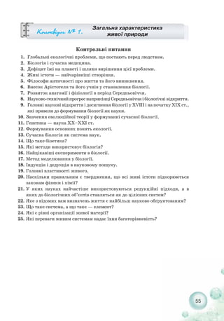 55
Загальна характеристика
живої природиÊîëîêâ³óì ¹ 1.
Контрольні питання
1. Глобальні екологічні проблеми, що постають перед людством.
2. Біологія і сучасна медицина.
3. Дефіцит їжі на планеті і шляхи вирішення цієї проблеми.
4. Живі істоти — найчарівніші створіння.
5. Філософи античності про життя та його виникнення.
6. Внесок Арістотеля та його учнів у становлення біології.
7. Розвиток анатомії і фізіології в період Середньовіччя.
8. Науково технічний прогрес наприкінці Середньовіччя і біологічні відкриття.
9. Головні наукові відкриття і досягнення біології у XVIII і на початку XIX ст.,
які привели до формування біології як науки.
10. Значення еволюційної теорії у формуванні сучасної біології.
11. Генетика — наука ХХ–ХХІ ст.
12. Формування основних понять екології.
13. Сучасна біологія як система наук.
14. Що таке біоетика?
15. Які методи використовує біологія?
16. Найцікавіші експерименти в біології.
17. Метод моделювання у біології.
18. Індукція і дедукція в науковому пошуку.
19. Головні властивості живого.
20. Наскільки правильним є твердження, що всі живі істоти підкорюються
законам фізики і хімії?
21. У яких науках найчастіше використовуються редукційні підходи, а в
яких до біологічних об’єктів ставляться як до цілісних систем?
22. Яке з відомих вам визначень життя є найбільш науково обґрунтованим?
23. Що таке система, а що таке — елемент?
24. Які є рівні організації живої матерії?
25. Які переваги живим системам надає їхня багаторівневість?
 