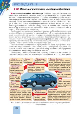 136
РОЗДІЛ 1
§ 39.§ 39. Позитивні й негативні наслідки глобалізації
Позитивне значення глобалізації. Завдяки глобалізації невимірно
множаться можливості людства, повніше враховуються всі сторони його
життєдіяльності,створюютьсяумовидлягармонізаціїміжнароднихзв’язків.
Вона сприяє поглибленню спеціалізації й міжнародного географічного поді-
лу праці. В її умовах значно ефективніше розподіляються кошти й ресурси,
що в підсумку сприяє підвищенню середнього рівня життя населення.
Важливою перевагою глобалізаційних процесів виявляється економія на
масштабах виробництва, що потенційно може зумовити зниження цін, а
отже, і стійке економічне зростання.
Глобалізація посилює конкуренцію, стимулює всебічний розвиток нових
технологій і розповсюдження їх серед країн світу. Її переваги визначаються
тими економічними вигодами, які одержують завдяки використанню пере-
дового науково-технічного, технологічного й кваліфікаційного рівнів у від-
повідних галузях господарства зарубіжних країн (мал. 77). Глобалізаційні
процеси у світовій економіці вигідні насамперед споживачам, оскільки кон-
куренція надає їм можливість вибору і знижує ціни.
Глобалізація може підвищити продуктивність праці в результаті раці-
оналізації виробництва на глобальному рівні і поширення передових тех-
нологій, а також унаслідок конкурентного тиску на користь безперервного
впровадження інновацій у світовому масштабі.
І безумовно, глобалізація створює серйозну основу для вирішення за-
гальних проблем людства, насамперед екологічних (мал. 78), що зумов-
Мал. 77. Глобалізація промисловості: кооперативні зв’язки з виробництва авто
«Форд ескорт»
Велика Британія
Карбюратор, ручні гальма, зчеплення,
система запалювання, вихлопна труба,
масляний насос, розподілювач, головка
циліндра, обігрівач, спідометр, акумуля-
тор, осі задніх коліс, паливний бак, ви-
микачі, передній диск, рульова колонка
Норвегія
Покришки, форсунки
Швеція
Головки циліндрів,
випускні клапани,
панель приладів
Австрія
Покришки, трубки
радіатора і обігрівача
Японія
Стартер, генера-
тор, підшипники
Швейцарія
Протикорозійна
обробка днища кузова,
спідометр, шестерні
Італія
Головки циліндрів, кар-
бюратор, скло, лампи,
решітки розподілювача
обігрівача скла
США
Гайки коліс, гідравлічний
виштовхувач скла
Канада
Скло,
радіоприймач
Франція
Генератор, головка циліндра, гальмів-
ний циліндр, гальма, ґрунтовка днища,
двірники, зчеплення, рульові тяги, об-
бивка і рама сидінь, картер трансмісії,
корпус муфти зчеплення, покришки,
система вентиляції, герметик, прилади
Іспанія
Дроти високої напруги, трубки
радіатора і обігрівача, пові-
тряний фільтр, дзеркала
Німеччина
Замки, поршні, вихлопні труби, система
запалювання, перемикачі, передній диск,
двірники, ручні гальма, спідометр, палив-
ний бак, шарніри передньої опори, картер
трансмісії, корпус муфти зчеплення, зче-
плення, рульова колонка, акумулятор
Бельгія
Покришки, гальма, об-
бивка для сидінь, вну-
трішнє оздоблення
Нідерланди
Покришки, фарба,
панель приладів
 