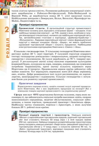 122
22
РОЗДІЛ
ТЕМА 1ТЕМА 1 Країни Європи
також хімічна промисловість. Головними районами концентрації хіміч-
ного виробництва є Рейнсько-Вестфальський, Рейн-Майнський та
Верхній Рейн, де виробляється понад 50 % усієї продукції галузі.
Найбільшими центрами є Леверкузен, Кельн, Весселінг, Франкфурт-на-
Майні, Людвігсгафен та ін.
Провідні підприємства
Промислові гіганти. В організаційній структурі промисловості
Німеччини основну роль відіграють інтегровані фірми – концерни. А всі
найбільші промислові компанії – це ТНК, окремі з яких, особливо в галу-
зях міжнародної спеціалізації, належать до найбільших корпорацій світу.
Так, автомобільними гігантами є корпорації, «Даймлер-Крайслер» і
«Фольксваген». Лідерами європейської хімічної і хіміко-фармацевтичної
індустрії є німецькі концерни «Басф», «Бауер», які мають приблизно
однаковий торговельний оборот і кількість працюючих. Найбільшими
електротехнічними корпораціями Німеччини є «Сіменс» і «Бош».
Сільське господарство. У сільському господарстві Німеччина вико-
ристовує майже 50 % своєї території. У галузевій структурі аграрного
сектору господарства домінуючим є тваринництво, зокрема скотарство,
свинарство і птахівництво. Ці галузі виробляють до 70 % товарної про-
дукції. У рослинництві значні площі охоплено кормовими культурами
(кормовий буряк, кукурудза на корм, люцерна, конюшина), що зумовлено
потребами тваринництва, проте значну кількість кормового зерна
Німеччина ще й імпортує. Продовольчим зерном країна забезпечує себе
майже повністю. Тут вирощують переважно жито (3/4 збору зернових),
овес, ячмінь. Добре розвиваються такі галузі рослинництва, як картоп-
лярство, виноградарство і садівництво. Сільське господарство є потуж-
ною базою для розвитку харчової промисловості.
Практичне завдання
Користуючись картами атласу, назвіть основні галузі харчової промисло-
вості Німеччини. Які з них виробляють продукцію на експорт? Які з
німецьких товарів харчової промисловості є на українському ринку?
Сфера послуг ФРН представлена багатьма галузями, серед яких на-
самперед ті, що забезпечують соціальні потреби населення: освіта, охорона
навколишнього середовища, медичне обслуговування, соціальне забез-
печення, а також торгівля, громадський транспорт і банківська сфера.
Найбільшу частку становлять торгівля і транспорт, у яких залучено
близько 20 % робочої сили країни.
Провідні підприємства
Позиці ї лідерів торгівлі і транспорт у. Німецька компанія
«Метро» є європейським торговельним лідером, щорічний торговельний
обіг якої становить близько 50 млрд євро і в якій працює майже
250 тис. населення. Найвищі сходинки на європейському транспортному
ринку посідають німецькі компанії «Люфтганза» (авіаційний транспорт) з
торговельним обігом у 17 млрд євро і з кількістю зайнятих 90 тис. та
«Вahn» (залізничний транспорт), відповідні показники якої становлять
близько 16 млрд євро та 214 тис. працівників.
 