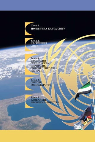 12
11
РОЗДІЛ
ТЕМА 1ТЕМА 1 Політична карта світу
Тема 1.
ПОЛIТИЧНА КАРТА СВIТУ
Тема 2.
НАСЕЛЕННЯ
СВІТУ
Тема 3.
ВЗАЄМОДІЯ
СУСПІЛЬСТВА
І ПРИРОДИ.
СВІТОВІ ПРИРОДНІ
РЕСУРСИ
Тема 4.
СВІТОВЕ
ГОСПОДАРСТВО
Тема 5.
ГЛОБАЛЬНІ
ПРОБЛЕМИ ЛЮДСТВА
 