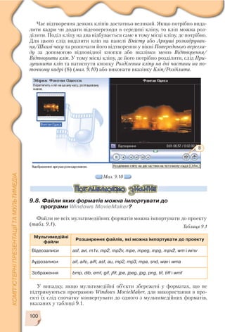 100
У випадку, якщо мультимедійні об’єкти збережені у форматах, що не
підтримуються програмою Windows MovieMaker, для використання в про
екті їх слід спочатку конвертувати до одного з мультимедійних форматів,
вказаних у таблиці 9.1.
Таблиця 9.1
Мультимедійні
файли
Розширення файлів, які можна імпортувати до проекту
Відеозаписи asf, avi, m1v, mp2, mp2v, mpe, mpeg, mpg, mpv2, wm і wmv
Аудіозаписи aif, aifc, aiff, asf, au, mp2, mp3, mpa, snd, wav і wma
Зображення bmp, dib, emf, gif, jfif, jpe, jpeg, jpg, png, tif, tiff і wmf
Час відтворення деяких кліпів достатньо великий. Якщо потрібно вида
лити кадри чи додати відеопереходи в середині кліпу, то кліп можна роз
ділити. Поділ кліпу на два відбувається саме в тому місці кліпу, де потрібно.
Для цього слід виділити кліп на панелі Вмісту або Аркуші розкадруван
ня/Шкалі часу та розпочати його відтворення у вікні Попереднього перегля
ду за допомогою відповідної кнопки або вказівки меню Відтворення/
Відтворити кліп. У тому місці кліпу, де його потрібно розділити, слід При
зупинити кліп та натиснути кнопку Розділення кліпу на дві частини на по
точному кадрі (8) (мал. 9.10) або виконати вказівку Кліп/Розділити.
Мал. 9.10
9.8. Файли яких форматів можна імпортувати до
програми Windows MovieMaker?
Файли не всіх мультимедійних форматів можна імпортувати до проекту
(табл. 9.1).
8
 