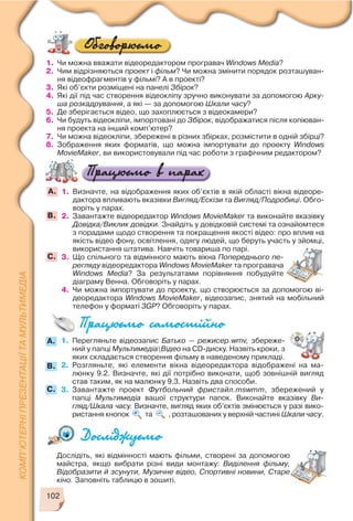 1. Чи можна вважати відеоредактором програвач Windows Media?
2. Чим відрізняються проект і фільм? Чи можна змінити порядок розташуван
ня відеофрагментів у фільмі? А в проекті?
3. Які об’єкти розміщені на панелі Збірок?
4. Які дії під час створення відеокліпу зручно виконувати за допомогою Арку
ша розкадрування, а які — за допомогою Шкали часу?
5. Де зберігається відео, що захоплюється з відеокамери?
6. Чи будуть відеокліпи, імпортовані до Збірок, відображатися після копіюван
ня проекта на інший комп’ютер?
7. Чи можна відеокліпи, збережені в різних збірках, розмістити в одній збірці?
8. Зображення яких форматів, що можна імпортувати до проекту Windows
MovieMaker, ви використовували під час роботи з графічним редактором?
102
1. Визначте, на відображення яких об’єктів в якій області вікна відеоре
дактора впливають вказівки Вигляд/Ескізи та Вигляд/Подробиці. Обго
воріть у парах.
2. Завантажте відеоредактор Windows MovieMaker та виконайте вказівку
Довідка/Виклик довідки. Знайдіть у довідковій системі та ознайомтеся
з порадами щодо створення та покращення якості відео: про вплив на
якість відео фону, освітлення, одягу людей, що беруть участь у зйомці,
використання штатива. Навчіть товариша по парі.
3. Що спільного та відмінного мають вікна Попереднього пе
регляду відеоредактора Windows MovieMaker та програвача
Windows Media? За результатами порівняння побудуйте
діаграму Венна. Обговоріть у парах.
4. Чи можна імпортувати до проекту, що створюється за допомогою ві
деоредактора Windows MovieMaker, відеозапис, знятий на мобільний
телефон у форматі 3GP? Обговоріть у парах.
А.
B.
C.
1. Перегляньте відеозапис Батько — режисер.wmv, збереже
ний у папці МультимедіаВідео на CD диску. Назвіть кроки, з
яких складається створення фільму в наведеному прикладі.
2. Розгляньте, які елементи вікна відеоредактора відображені на ма
люнку 9.2. Визначте, які дії потрібно виконати, щоб зовнішній вигляд
став таким, як на малюнку 9.3. Назвіть два способи.
3. Завантажте проект Футбольний фристайл.mswmm, збережений у
папці Мультимедіа вашої структури папок. Виконайте вказівку Ви
гляд/Шкала часу. Визначте, вигляд яких об’єктів змінюється у разі вико
ристання кнопок та , розташованих у верхній частині Шкали часу.
Дослідіть, які відмінності мають фільми, створені за допомогою
майстра, якщо вибрати різні види монтажу: Виділення фільму,
Відобразити й зсунути, Музичне відео, Спортивні новини, Старе
кіно. Заповніть таблицю в зошиті.
A.
B.
C.
 