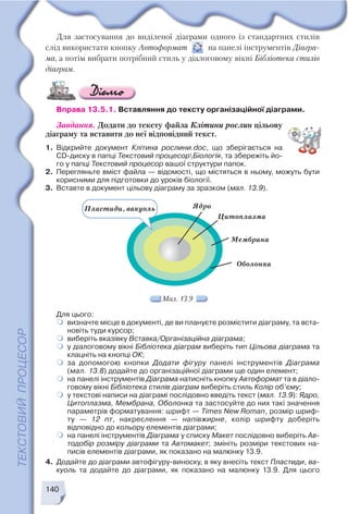 140
Мал. 13.9
Для застосування до виділеної діаграми одного із стандартних стилів
слід використати кнопку Автоформат на панелі інструментів Діагра
ма, а потім вибрати потрібний стиль у діалоговому вікні Бібліотека стилів
діаграм.
Вправа 13.5.1. Вставляння до тексту організаційної діаграми.
Завдання. Додати до тексту файла Клітини рослин цільову
діаграму та вставити до неї відповідний текст.
1. Відкрийте документ Клітина рослини.doc, що зберігається на
CD диску в папці Текстовий процесорБіологія, та збережіть йо
го у папці Текстовий процесор вашої структури папок.
2. Перегляньте вміст файла — відомості, що містяться в ньому, можуть бути
корисними для підготовки до уроків біології.
3. Вставте в документ цільову діаграму за зразком (мал. 13.9).
Для цього:
визначте місце в документі, де ви плануєте розмістити діаграму, та вста
новіть туди курсор;
виберіть вказівку Вставка/Організаційна діаграма;
у діалоговому вікні Бібліотека діаграм виберіть тип Цільова діаграма та
клацніть на кнопці ОК;
за допомогою кнопки Додати фігуру панелі інструментів Діаграма
(мал. 13.8) додайте до організаційної діаграми ще один елемент;
на панелі інструментів Діаграма натисніть кнопку Автоформат та в діало
говому вікні Бібліотека стилів діаграм виберіть стиль Колір об’єму;
у текстові написи на діаграмі послідовно введіть текст (мал. 13.9): Ядро,
Цитоплазма, Мембрана, Оболонка та застосуйте до них такі значення
параметрів форматування: шрифт — Times New Roman, розмір шриф
ту — 12 пт, накреслення — напівжирне, колір шрифту доберіть
відповідно до кольору елементів діаграми;
на панелі інструментів Діаграма у списку Макет послідовно виберіть Ав
тодобір розміру діаграми та Автомакет; змініть розміри текстових на
писів елементів діаграми, як показано на малюнку 13.9.
4. Додайте до діаграми автофігуру виноску, в яку внесіть текст Пластиди, ва
куоль та додайте до діаграми, як показано на малюнку 13.9. Для цього
 