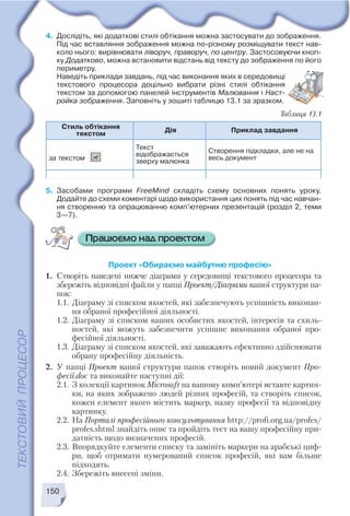 5. Засобами програми FreeMind складіть схему основних понять уроку.
Додайте до схеми коментарі щодо використання цих понять під час навчан
ня створенню та опрацюванню комп’ютерних презентацій (розділ 2, теми
3—7).
150
Проект «Обираємо майбутню професію»
1. Створіть наведені нижче діаграми у середовищі текстового процесора та
збережіть відповідні файли у папці Проект/Діаграми вашої структури па
пок:
1.1. Діаграму зі списком якостей, які забезпечують успішність виконан
ня обраної професійної діяльності.
1.2. Діаграму зі списком ваших особистих якостей, інтересів та схиль
ностей, які можуть забезпечити успішне виконання обраної про
фесійної діяльності.
1.3. Діаграму зі списком якостей, які заважають ефективно здійснювати
обрану професійну діяльність.
2. У папці Проект вашої структури папок створіть новий документ Про
фесії.doc та виконайте наступні дії:
2.1. З колекції картинок Microsoft на вашому комп’ютері вставте картин
ки, на яких зображено людей різних професій, та створіть список,
кожен елемент якого містить маркер, назву професії та відповідну
картинку.
2.2. На Порталі професійного консультування http://profi.org.ua/profes/
profes.shtml знайдіть опис та пройдіть тест на вашу професійну при
датність щодо визначених професій.
2.3. Впорядкуйте елементи списку та замініть маркери на арабські циф
ри, щоб отримати нумерований список професій, які вам більше
підходять.
2.4. Збережіть внесені зміни.
4. Дослідіть, які додаткові стилі обтікання можна застосувати до зображення.
Під час вставляння зображення можна по різному розміщувати текст нав
коло нього: вирівнювати ліворуч, праворуч, по центру. Застосовуючи кноп
ку Додатково, можна встановити відстань від тексту до зображення по його
периметру.
Наведіть приклади завдань, під час виконання яких в середовищі
текстового процесора доцільно вибрати різні стилі обтікання
текстом за допомогою панелей інструментів Малювання і Наст
ройка зображення. Заповніть у зошиті таблицю 13.1 за зразком.
Таблиця 13.1
Стиль обтікання
текстом
Дія Приклад завдання
за текстом
Текст
відображається
зверху малюнка
Створення підкладки, але не на
весь документ
 