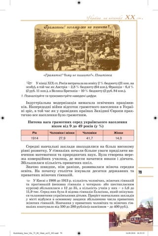 79
УкінціХІХ ст.Росіявитрачаланаосвіту2 %бюджету(21коп.на
особу), в той час як Австрія – 2,8 % бюджету (64 коп.), Франція – 6,4 %
(2 руб. 11 коп.), а Велика Британія – 10 % бюджету (2 руб. 84 коп.).
1. Поаналізуйте та прокоментуйте наведені цифри.
Індустріальна модернізація вимагала освічених працівни-
ків. Напередодні війни відсоток грамотного населення в Украї-
ні зріс, в той час як у провідних країнах Західної Європи прак-
тично все населення було грамотним.
Питома вага грамотних серед українського населення
віком від 9 до 49 років (у %)
Рік Чоловіки і жінки Чоловіки Жінки
1914 27,9 41,7 14,0
Середні навчальні заклади знаходилися на більш високому
рівні розвитку. У гімназіях почали більше уваги приділяти ви-
вченню математики та природничих наук. Була створена мере-
жа комерційних училищ, де могли начатися юнаки і дівчата.
Збільшилася кількість приватних шкіл.
Значно швидше, ніж раніше, розвивалася жіноча середня
освіта. На початку століття існували десятки державних та
приватних жіночих гімназій.
У Києві з 1900 до 1913 р. кількість чоловічих, жіночих гімназій
та прогімназій (неповна гімназія з чотирьох- або шестикласним
курсом) збільшилася з 12 до 35, а кількість учнів у них – з 5,6 до
11,9 тис. Серед них була й відома гімназія Ґалаґана, який опікував-
ся талановитими українськими дітьми. Приріст навчальних закладів
у місті відбувся в основному завдяки збільшенню числа приватних
жіночих гімназій. Навчання у приватних чоловічих та жіночих гім-
назіях коштувало від 100 до 280 рублів (з пансіоном – до 400 руб.).
«Граматні! Чому не пишите?». Поштівка
Kulchitskij_Istor_Ukr_75_09_10ukr_str32_302.indd 79Kulchitskij_Istor_Ukr_75_09_10ukr_str32_302.indd 79 16.09.2010 18:35:3316.09.2010 18:35:33
 