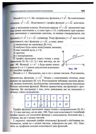 Степеневі функції з раціональними показниками 103
Нехай О< а < 1. Це, наприклад, функція у = . За означенням
1
степеня, =у[х . Властивості і графік функції у = 4х розгляда-
1
лись у молодших класах. Оскільки вирази і yfx визначені при
тих самих значеннях х, а саме при х > О, і набувають при однако­
вих значеннях X однакових значень, то можна стверджувати, що
і Г- 1
функції J = х^ і у = ^х є рівними. Тому функція J має ті самі
властивості, що і функція у = у[х,а саме, вона:
1) визначена на проміжку [0; +оо);
2) набуває будь-яких невід’ємних значень;
3) має єдиний нуль х = 0;
4) зростає;
5) є неперервною.
Її графік проходить через точки з коор­
динатами (0; 0) і (1; 1) і має вигляд, як на 1
рис. 99. Функції J = х“ з будь-яким показ- -q ^
ником О< а < 1 мають аналогічні властивос­
ті і подібні графіки.
Ук
Рис. 99
Нехай а > 1. Нагадаємо, що а не є цілим числом. Розглянемо,
наприклад, функцію у = х^. Згідно з означенням степеня, вона
задана на проміжку [0; +оо). Розглядаючи таблицю значень функ­
ції, можна помітити, що більшому значенню аргументу відповідає
більше значення функції. Можна припустити, що функція є зрос­
таючою. Це насправді є так, хоча доведення ми не наводимо у
зв’язку з його складністю.
1 1
X 0 1 4 9
9 4
0
1
27
1
8
1 8 27
Графік функції проходить через точки з координатами (0; 0) і
(1; 1) і має вигляд, як на рис. 100. Такі самі властивості і подібний
графік мають усі степеневі функції з показником, більшим від 1,
і таким, що не є цілим числом.
І, нарешті, типовий графік степеневої функції з від’ємним по­
казником, який не є цілим числом, зображено на рис. 101. Опи­
шіть за графіком основні властивості цих функцій.
 