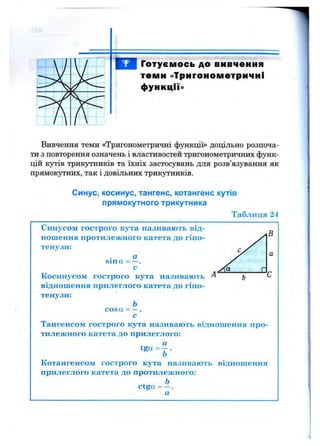 Готуємось до вивчення
теми «Тригонометричні
функції»
Вивчення теми «Тригонометричні функції» доцільно розпоча­
ти з повторення означень і властивостей тригонометричних функ­
цій кутів трикутників та їхніх застосувань для розв’язування як
прямокутних, так і довільних трикутників.
Синус, косинус, тангенс, котангенс кутів
прямокутного трикутника
Таблиця 24
Синусом гострого кута називають від­
ношення протилеж ного катета до гіпо­
тенузи:
а
sm a = —.
с
відношення прилеглого катета до гіпо­
тенузи:
Ь
cosa = —.
с
Тангенсом гострого кута називають відношення про­
тилеж ного катета до прилеглого:
я
tga = .
о
Котангенсом гострого кута називають відношення
прилеглого катета до протилежного:
Ь
ctga = - .
а
 