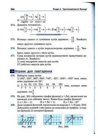 264 Розділ 3. Тригонометричні ФункцГі
4)
fЗл ^ Гл ^
sin — + а tg — а
І 2 у І 2 j
c tg (2 7 i - а ) 8 І п (к + а )
274. Доведіть тотожність:
1) sin
я
- + а
4
-cos
71
— а
4
= 0 ; 2 ) t g
п
—+ а
4
= c t g
п
— а
4
л
12
275. Косинус одного зі суміжних кутів дорівню є . Знайдіть
13
синус другого суміжного кута.
276. Косинус одного з кутів паралелограма дорівнює —— . Зна-
ІО
йдіть синус другого з його кутів.
277. Сума косинусів гострих кутів прямокутного трикз^ника до­
рівнює т. Знайдіть:
1) суму квадратів синусів цих кутів;
2*) добуток синусів цих кутів.
Вправи для повторення
278. Виберіть серед кутів:
1) 205°; 335°; 385°; 695°; 745°; -25°; -205°; -335° такі, синус
яких дорівнює sin 25°;
п 4л 6л 11л 21л 4л 9л 19л
- “ -- У '
л
д о р і в н ю є COS— .
5
279. На рис. 303 зображено графік функції у = fix), визначеної на
множині усіх дійсних чисел. Яким буде графік функції:
l)y = f{x -iy, 2)y = f{x+D- 3)y = fix-2)7
280. Дано графіки функцій, визначених на відрізку [-1;0] (рис. 304).
Добудуйте кожний з них (якщо це можливо) до графіка: 1) пар­
ної функції; 2) непарної функції.
У 1
!------1------
У
!
1
/
1
1 И / 0 х
/
1
/ 1
і •< 0 |[ X
г 1
І___J
Рис. 304
 