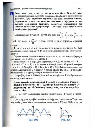 Властивості і графіки тригонометричних функцій 267
р Т З н ертаем о увагу на те, що рівність f(x ± Т) = f(x) має
справдж уватись для всіх значень х із області визначення
функції. Для окремих функцій можна вказати числа,
додавання яких до одного значення аргументу не
зміню є значення функції, водночас додавання до
інш ого значення аргументу — змінює. Такі числа не є
періодами функції.
Нагфиклад, sin О= sin (О+ ті) = О, але вже sin
71
—+ Л
2

в той час коли sin—= 1. Отже, число ті не є періодом функції
2
у = sin X.
функції у - sin д: і = cos х є періодичними з періодом 2к. Цей
факт використовувався у § 14 при обчисленні значень синуса і ко­
синуса.
Періодом тангенса і котангенса є число п, що випливає з формул
зведення: tg(t + п) - tg(i - ті) = tg t.
Якщо число Т е періодом функції у = f{x), то числа 2Т, ЗТ, ...
і взагалі пТ, п є Z, п ^ О, також є її періодами. Справді, напри­
клад, fix+ 2Т) = Д(х + Т) + Т) = fix + Т) = fix). Звідси випливає, що
періодами фзгнкцій у = sin х і у = cos х є числа An, бті, ... , а періода­
ми функцій >' = tg Xі >>= ctg X є числа 2-к, Зя, 4л ... .
На графіку функції її періодичність з періодом Т відображаєть­
ся наступним чином.
Якщо графік періодичної функції з періодом Т пара­
лельно перенести на Т одиниць уздовж осі абсцис у
додатному чи від’ємному напрямах, то він перейде
сам у себе.
На рис. 305 зображено графік періодичної фішкції з періо­
дом І.
Для побудови графіка періодичної функції з періодом Тдостат­
ньо побудувати його на відрізку завдовжки Т (рис. 306), а потім
 