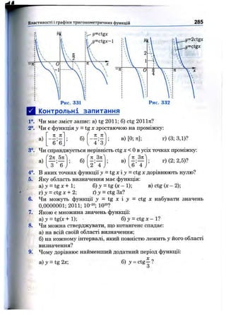 r
Д К о н т р о л ь н і запитання
1°. Чи має зміст запис: а) tg 2011; б) ctg 2011тг?
2°. Чи с функція у = tg д: зростаючою на проміжку:
п п
' 6 ’ 6
6.
7.
8.
а) ; б)
л _ті'
1 4 3 j
в) [0; 7г]; г) (3; ЗД)?
3°. Чи справджується нерівність ctg д: < Ов усіх точках проміжку:
"2я 571^ f п Зл^ . f п Зл^
а)
З ’ 6
б)
2 4
в)
6 4
г) (2; 2,5)?
4°. В яких точках функції у =tgx у - ctg х дорівнюють нулю?
5. Яку область визначення має функція;
a)>' = t g x + l; б) = tg (д: - 1); B )ctg (x -2 );
г) у = ctg X + 2; ґ) З' = ctg Зх?
Чи можуть функції у - tg X і у =■ ctg X набувати значень
0,0000001; 2011; 10-^°; Ю^^?
Якою є множина значень функції:
а) ><= tg(x + 1); б) 3/= ctg X- 1?
Чи можна стверджувати, що котангенс спадає:
а) на всій своїй області визначення;
б) на кожному інтервалі, який повністю лежить у його області
визначення:
9; Чому дорівнює найменший додатний період функції:
a)y-tg2x 6)>' = ctg| ?
 