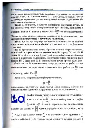 Властивості і графіки тригонометричних функцій 287
ка, вздовж якого проходить гармонічне коливання, — називають
положенням рівноваги, число А — амплітудою коливання.
Амплітуда характеризує величину найбільшого відхилення від
положення рівноваги.
Число (0, як відомо, е кутовою швидкістю обертання точки. За
2к одиниць часу точка повернеться на кут 2лсо рад, при цьому її
2л(о
проекції на вісь х і на вісь у виконають
2к
= со повних коливань.
Число со, тобто кількість повних коливань за 2я одиниць часу, на­
зивається ш,е круговою частотою коливань.
Число а, яке характеризує початкове положення точки на колі,
називається початковою фазою коливання, mt+a — фазою ко­
ливання.
Час Т, протягом якого точка М робить повний оберт, називаєть­
ся періодом гармонічного коливання. За період Тпроекція
точки М на вісь х двічі пройде всі свої можливі положення і повер­
неться в початкове положення. Винятком є лише граничні поло­
ження Б І С (див. рис. 333), кожне з яких точка пройде один раз.
Оскільки за 2п одиниць часу координата точки робить со по-
, 2п
вних коливань, то одне повне коливання вона робить за — оди-
со
ниць часу, тобто Т = — .
со
Величина, обернена до періоду коливання,
1 _ со
Т ~ ^ ’
називається частотою коливання. Вона показує, скільки по­
вних коливань здійснює координата точки за одиницю часу.
Графік закону гармонічного коливання у = А sin(cot -і-
-I- а ) = А s i n со t+ -
(oj
можна побудувати з графіка
уздовж осі абсцис на
функції y(t) = sin t паралельним перенесенням
а
со
одиниць у додатному напрямі осі, якіцо
— < О, і у від’ємному, якш.0 — > 0; розтягом від осі ординат в —
со со со
разів при О< со < 1 або стиском до осі ординат у со разів при со > 1;
 