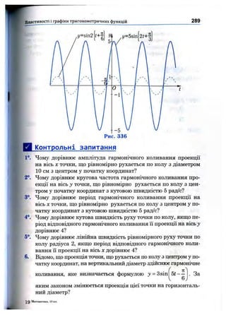 Властивості і графіки тригонометричних функцій 289
if
а Контрольні запитання
6.
Чому дорівнює амплітуда гармонічного коливання проекції
на вісь Xточки, що рівномірно рухається по колу з діаметром
10 см з центром у початку координат?
Чому дорівнює кругова частота гармонічного коливання про­
екції на вісь у точки, що рівномірно Р5гхається по колу з цен­
тром у початку координат з кутовою швидкістю 5 рад/с?
Чому дорівнює період гармонічного коливання проекції на
вісь X точки, що рівномірно рухається по колу з центром у по­
чатку координат з кутовою швидкістю 5 рад/с?
Чому дорівнює кутова швидкість руху точки по колу, якщо пе­
ріод відповідного гармонічного коливання їі проекції на вісь у
дорівнює 4?
Чому дорівнює лінійна швидкість рівномірного руху точки по
колу радіуса 2, якщо період відповідного гармонічного коли­
вання її проекції на вісь х дорівнює 4?
Відомо, що проекція точки, що рухається по колу з центром у по­
чатку координат, на вертикальний діаметр здійснює гармонічне
коливання, яке визначається формулою j = 3sin 5 t - ~
6J
За
яким законом змінюється проекція Ц ІЄЇ точки на горизонталь­
ний діаметр?
^ 0 Математика, 10 кл.
 