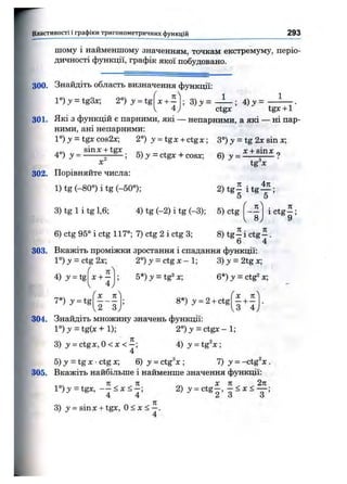 Властивості і графіки тригоном етричних функцій 293
шому 1найменшому значенням, точкам екстремуму, періо­
дичності функції, графік якої побудовано.
301.
Знайдіть область визначення функції:
l ° ) j = tg3x; 2°) y = tg(x + ^ l; 3 ) у = ^ — -, 4) у = ■
V 4 ; ctg:ic tgx + 1
Які з функцій є парними, які — непарними, а які — ні пар­
ними, ані непарними:
1°) J = tgx cos2x; 2°) у = igx + ctgx; 3°) j = tg 2x sin x;
302.
sinx-f-tgx
4°) у = ------- 5-------; 5) З' = ctgx cosx;
X
Порівняйте числа:
1) tg (-80°) і tg (-50°);
6) ^ =
tg^x
3) tg 1 і tg 1,6; 4) tg (-2) і tg (-3); 5) ctg f
O
• 4. ^.c t g -;
6) ctg 95° і ctg 117°; 7) ctg 2 і ctg 3; 8) t g ji c t g ^ .
6 4
I 303. Вкажіть проміжки зростання і спадання функції:
І l°)y = ctg2x; 2 °)j = c t g x - l ; 3 )j = 2tgx;
ґ 
4) y = tg х + - ; 5*)y = tg^x; Q*)y-ctg^x
л
х + —
4
X 71
304.
7*) y = tg ; 8* ) 3' = 2-bctg
6j
Знайдіть множину значень функції:
1°) З ' = tg(x + 1); 2 °)j = c t g x - 1;
X к
3"^4
3) y = ctgx,0<x<--,
4
4) у = tg^x ;
305.
5) j = tg X •ctg x; 6) у = ctg^x ; 7) у = -ctg^x .
Вкажіть найбільше і найменше значення функції:
l ° ) j =tgx, - у < х < ^ ;
4 4
3) = sinx-1-tgx, 0 < х < —.
4
ON і. ^ ^ ^ ^ 2^^2 ) , = c lg -,
 