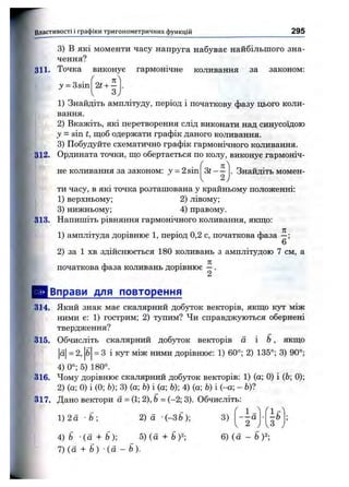 I Властивості і графіки тригоном етричних функцій 295
3) В які моменти часу напруга набуває найбільшого зна­
чення?
311. Точка виконує гармонічне коливання за законом:
у = з sin 2t + -
3
1) Знайдіть амплітуду, період і початкову фазу цього коли­
вання.
2) Вкажіть, які перетворення слід виконати над синусоїдою
у = sin t, щоб одержати графік даного коливання.
3) Побудуйте схематично графік гармонічного коливання.
312. Ордината точки, що обертається по колу, виконує гармоніч­
не коливання за законом: = 2sin 3 t - -
2
. Знайдіть момен­
ти часу, в які точка розташована у крайньому положенні:
1) верхньому; 2) лівому;
3) нижньому; 4) правому.
313. Напишіть рівняння гармонічного коливання, якщо:
1) амплітуда дорівнює 1, період 0,2 с, початкова фаза —;
6
2) за 1 хв здійснюється 180 коливань з амплітудою 7 см, а
початкова фаза коливань дорівнює —.
2
Вправи для повторення
314. Який знак має скалярний добуток векторів, якщо кут між
ними є: 1) гострим; 2) тупим? Чи справджуються обернені
твердження?
315. Обчисліть скалярний добуток векторів а і Ь, якщо
|о = 2, Ь = З і кут між ними дорівнює: 1) 60°; 2) 135°; 3) 90°;
4) 0°; 5) 180°.
316. Чому дорівнює скалярний добуток векторів: 1) (а; 0) і (Ь; 0);
2) (а; 0) і (0; Ь); 3) (а; Ь) і (а; Ь); 4) (а; Ь) і (-а; - 6)?
317. Дано вектори а = (1; 2), Ь= (-2; 3). Обчисліть:
1) 2а Ь; 2) а (-3 6 );
f 1 .
— а
2
4 ) Ь ( а + ЬУ, 5 ) ( а + Ь У ;
7) { а + В) ■( а - Ь).
3)
6 ) ( а - Ь У ;
З
 