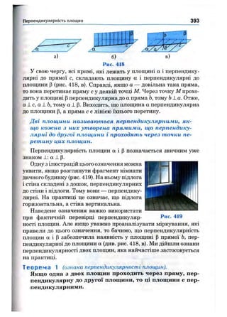 П ерпендикулярність площин 393
б)
Рис. 418
у свою чергу, всі прямі, які лежать у площині а і перпендику­
лярні до прямої с, складають площину а і перпендикулярні до
площини (З(рис. 418, в). Справді, якщо а — довільна така пряма,
то вона перетинає пряму с у деякій точці М. Через точку М прохо­
дить у площині р перпендикулярна до а пряма Ь, тому Ьіа. Отже,
а 1с, a l b , тому а ї р . Виходить, що площина а перпендикулярна
до плопщни р, а пряма с є лінією їхнього перетину.
Дві площини називаються перпендикулярними, як­
що кожна з них утворена прямими, що перпендику­
лярні до другої площини і проходять через точки пе­
ретину цих площин.
Перпендикулярність площин а і р позначається звичним уже
знаком J_: а ± р.
Одну з ілюстрацій цього означення можна
уявити, якщо розглянути фрагмент кімнати
дачного будинку (рис. 419). На ньому підлога
і стіна складені з дошок, перпендикулярних
до стіни і підлоги. Тому вони — перпендику­
лярні. На практиці це означає, що підлога
горизонтальна, а стіна вертикальна.
Наведене означення важко використати
при фактичній перевірці перпендикуляр- Рис. 419
ності площин. Але якщо уважно проаналізувати міркування, які
привели до цього означення, то бачимо, що перпендикулярність
площин а і Р забезпечила наявність у площині р прямої Ь, пер­
пендикулярної до площини а (див. рис. 418, в). Ми дійшли ознаки
перпендикулярності двох площин, яка найчастіше застосовується
на практиці.
Теорема 1 (ознака перпендикулярності площин).
Якщо одна з двох площин проходить через пряму, пер­
пендикулярну до другої площини, то ці площини е пер­
пендикулярними.
 