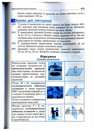 О ртогональне проектування 413
І
балки, якщо довжина її проекції на лінію перетину стелі і
стіни дорівнює 120 см.
^ В п р а в и для повторення
443. З точки А проведено до даної прямої дві рівні похилі АВ і
АС, відстань між основами яких дорівнює 16 см. Визначте
довжину проекції кожної похилої на дану пряму.
444. У трикутнику проекції бічних сторін на основу дорівнюють
15 м і 27 м, а більша з бічних сторін дорівнює 45 м. На які
частини вона поділяється (починаючи від вершини) перпен­
дикуляром до основи, проведеним з її середини.
445. У прямокутному трикутнику катети дорівнюють 13 см
і 84 см. Визначте радіус вписаного кола.
446. Довжини трьох сторін прямокутної трапеції дорівнюють
25 см, 25 см, 32 см. Знайдіть довжину четвертої сторони.
П ід с у м о к
Головні означення
Паралельна проекція точки
на плопщну називається її
ортогональною проекці­
єю, якщо пряма, що визначає
напрям проектування, пер­
пендикулярна до плопщни
проекцій.
Точки М і називаються
симетричними відносно
площини а, якщо відрізок
MMj перпендикулярний до а
і точкою О перетину його з а
поділяється навпіл.
Точка плопщни а вважається
симетричною сама собі.
Фігури простору F і Fj на­
зиваються симетричними
відносно площини а, якщо
для кожної точки однієї фігу­
ри є симетрична до неї точка
в другій фігурі.
№
М
О
м
о
а
/
 