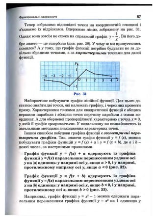 функціональні залежності 57
Тепер зобразимо відповідні точки на координатній площині і
з’єднаємо їх відрізками. Одержимо лінію, зображену на рис. 31.
Однак вона зовсім не схожа на справжній графік 3/ = і . Ви його до-
X
бре знаєте — це гіпербола (див. рис. 28). У чому ж ми припустились
помилок? А у тому, що графік функіцї потрібно будувати не за до­
вільно обраішми точками, а за характерними точками для даної
функції.
Найпростіше побудувати графік лінійної функції. Для цього до­
статньо знайти дві точки, які належать графіку, і через них провести
пряму. Характерними точками для квадратичної функції є абсциса
верпшни параболи і абсциси точок перетину параболи з осями ко­
ординат. А для оберненої пропорційності характерною є точка х = 0,
у якій її графік «розривається». У подальшому ви познайомитесь із
загальними методами знаходження характерних точок.
Іншим способом побудови графіка функції є геометричні пере­
творення графіка. Так, знаючи графік функції у = f (х), можна
побудувати графіки функцій у —f + а у = f {х + Ь), де а  Ь—
деякі числа, за наст5шними правилами.
Графік функції у = Дзс) -І- а одержують із графіка
функції у = f(x) паралельним перенесенням уздовж осі
у на |а|одиниць: у напрямі осіз', якщо а > О, і у напрямі,
протилежному напряму осі у, якщо а < О(рис. 32).
Графік функції у = fix + Ь) одержують із графіка
функції у = f(x) паралельним перенесенням уздовж осі
X на |Ь|одиниць: у напрямі осі х, якщо 6 < О, і у напрямі,
протилежному осі X , якщо Ь > о (рис. 33).
Наприклад, графік функції у = х^ - 1 можна одержати пара­
лельним перенесенням графіка функції у = ос^ на 1 одиницю у
 