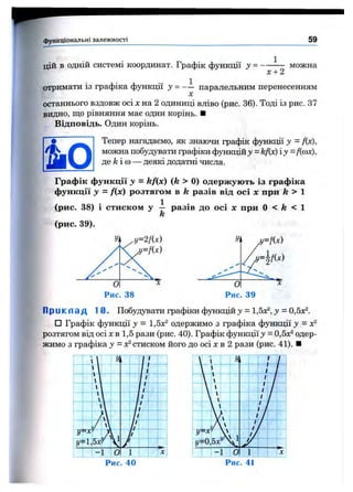 функціональні залежності 59
цій в одній системі координат. Графік функції у = -
х + 2
можна
отримати із графіка функції у = — паралельним перенесенням
X
останнього вздовж осі х на 2 одиниці вліво (рис. 36). Тоді із рис. 37
видно, що рівняння має один корінь. ■
Відповідь. Один корінь.
Тепер нагадаємо, як знаючи графік функції у = Дх),
можна побудувати графіки функцій у = kf(x) іу - fimx),
де /г і CO— деякі додатні числа.
Графік функції у = kf(x) (k > 0) одержують із графіка
функції у = f(x) розтягом в k разів від осі х при k > 
(рис. 38) і стиском у — разів до осі х при О < fe < 1
k
(рис. 39).
Уі‘ ,У=їіх)
--
/ у = У м
0 т
Рис. 39
П р и к л а д 10. Побудувати графіки функцій у —1,5х^, у = 0,5х^.
□ Графік функції = 1,5х^ одержимо з графіка функції у =
розтягом від осі Xв 1,5 рази (рис. 40). Графік ф у н к ц і ї = 0,5х^ одер­
жимо з графіка у = Х^стиском його до осі х в 2 рази (рис. 41). ■
Рис. 41
 
