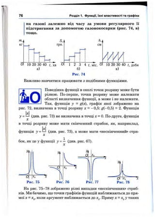 76 Розділ 1. функції, їхні властивості та графіки
на газоні залежно від часу за умови регулярного її
підстригання за допомогою газонокосарки (рис. 74, в)
тощо.
т,
кг
а
а)
Рис. 74
Важливо навчитися працювати з подібними функціями.
Поведінка функції в околі точок розриву може 6jTH
різною. По-перше, точка розриву може належати
області визначення функції, а може і не належати.
Так, функція у = графік якої зображено на
рис. 72, визначена в точці розриву х = —0,5: ^(—0,5) = 2. Функція
X
у = — (див. рис. 73) не визначена в точці х = 0. По-друге, функція
X
в точці розриву може мати скінченний стрибок, як, наприклад,
X
функція у = — (див. рис. 73), а може мати «нескінченний» стри-
X
бок, як це у функції у = — (див. рис. 67).
X
Рис. 77
іХпа
Рис. 78
На рис. 75-78 зображено різні випадки «нескінченних» стриб­
ків. Ми бачимо, що точки графіків функцій наближаються до пря­
мої X = Хд, коли аргумент наближається до х^. Пряму х -х ^ у таких
 