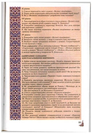 №
№
«]
№
II рівень
1. Стисло перекажіть зміст роману «Великі сподівання».
2. Перед яким моральним вибором постає головний герой твору?
3. Як у «Великих сподіваннях» розроблено тему кохання?
III рівень
1. Чим відрізняється образ головного героя роману «Великі споді­
вання» від образів дітей з ранніх творів Ч. Діккенса?
2. Розкрийте своєрідність характеру Естелли. Яку роль відіграє
цей персонаж у романі?
3. Що надає підстави відносити «Великі сподівання» до жанру
«роману виховання»?
IV рівень
1. Розкрийте зміст назви роману «Великі сподівання».
2. Визначте «нічні мотиви» у творі й поясніть їхнє значення.
3. Знайдіть вияви «різдвяних мотивів» у романі. Схарактеризуй­
те їхні функції у творі.
Теми рефератів: «Роль пейзажу в романі “Великі сподівання”»;
«Соціальний і моральний зміст історії Піпа»; «Мотив втрати
ілюзій у романі “Великі сподівання”»; «Модель ідеальної родини
й мотив сирітства у творчості Ч. Діккенса».
ЗАПИТАННЯ І ЗАВДАННЯ
ДЛЯ УЗАГАЛЬНЕННЯ ВИВЧЕНОГО
1. Дайте стисле визначення реалізму. Назвіть відомих представ­
ників цього напряму. Які жанри найбільш інтенсивно розвивалися
в межах реалістичного напряму?
2. Через які етапи розвитку пройшов французький реалізм? На­
звіть письменників, які представляють ці етапи.
3. Чому Стендаль почувався чужим у своїй епосі? Як це почуття
вплинуло на його творчість?
4. Чим мотивується в романі «Червоне і чорне» поведінка головного
героя?
5. Поясніть внутрішню еволюцію характеру Жульєна Сореля.
Яку роль відіграє в ній кохання? У чому полягає сутність духовних
прозрінь героя у фіналі роману?
6. Як співвідносяться образи мадам де Реналь і Матильди де ла
Моль? Дайте розгорнуту аргументовану відповідь.
7. Що пов’язувало О. де Бальзака з Україною?
8. Стисло схарактеризуйте епопею «Людська комедія».
9. Розкрийте основні риси характеру Гобсека. Які романтичні й
реалістичні елементи простежуються в зображенні цього героя?
10. Назвіть художні засоби, за допомогою яких розкриваються ха­
рактери персонажів у творах О. де Бальзака.
11. На чому акцентував увагу в своїй творчості О. де Бальзак: на
розкритті душевних переживань героїв чи на дослідженні законів
суспільного життя? А Стендаль? Обґрунтуйте свою відповідь
конкретними прикладами.
12. Укажіть типові особливості побудови сюжетів у творах
Ч. Діккенса.
13. Які моральні цінності утверджуються в романі «Пригоди
Олівера Твіста»? Якою постає в ньому особистість головного героя?
т і
 