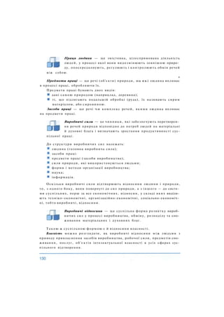 Праця людини — це змістовна, цілеспрямована діяльність
людей, у процесі якої вони видозмінюють зовнішню приро­
ду, опосередковують, регулюють і контролюють обмін речей
між собою.
щ
Предмети праці — це речі (об'єкти) природи, на які людина впливає
в процесі праці, обробляючи їх.
Предмети праці бувають двох видів:
дані самою природою (наприклад, деревина);
ті, що підлягають подальшій обробці (руда), їх називають сирим
матеріалом, або сировиною.
Засоби праці — це речі чи комплекс речей, якими людина впливає
на предмети праці.
Оскільки виробничі сили відтворюють відносини людини і природи,
то, з одного боку, вони повернуті до сил природи, а з іншого — до систе­
ми суспільних, перш за все економічних, відносин, у складі яких виділя­
ють техніко-економічні, організаційно-економічні, соціально-економіч­
ні, тобто виробничі, відносини.
Такою ж суспільною формою є й відносини власності.
Власність можна розглядати, як виробничі відносини між людьми з
приводу привласнення засобів виробництва, робочої сили, предметів спо­
живання, послуг, об'єктів інтелектуальної власності в усіх сферах сус­
пільного відтворення.
Виробничі сили — це чинники, які забезпечують перетворен­
ня речей природи відповідно до потреб людей на матеріальні
й духовні блага і визначають зростання продуктивності сус-
Виробничі відносини — це суспільна форма розвитку вироб­
ничих сил у процесі виробництва, обміну, розподілу та спо­
живання матеріальних і духовних благ.
пільної праці.
До структури виробничих сил належать:
людина (головна виробнича сила);
засоби праці:
предмети праці (засоби виробництва);
сили природи, які використовуються людьми;
форми і методи організації виробництва;
наука;
інформація.
 