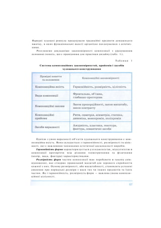 Народні художні ремесла продукували традиційні предмети домашнього
вжитку, в яких функціональні якості органічно поєднувалися з естетич­
ними.
Розглянемо докладніше закономірності композиції з урахуванням
основних понять, що є провідними для практики дизайну (табл. 1 ) .
Т а б л и ц я 1
Система композиційних закономірностей, прийомів і засобів
художнього конструювання
Однією з умов виразності об'єктів художнього конструювання є ком­
позиційна якість. Вона складається з гармонійності, розмірності та ціліс­
ності, які є важливими чинниками естетичної досконалості виробів.
Гармонійність форми характеризується узгодженістю, відсутністю в
композиції протиріччя між різними геометричними та фізичними
(колір, маса, фактура) характеристиками.
Розмірність форм частин композиції має перебувати в такому спів­
відношенні, яке створює правильний масштаб для зорового сприйняття
кожної з них. Основу розмірності, або масштабності, становлять усталені
уявлення про нормальні розміри і маси тих чи інших предметів та їхніх
частин. Як і гармонійність, розмірність форм — важлива умова компози­
ційної цілісності.
 