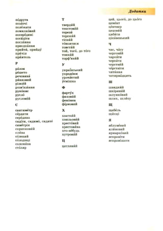 Д одат ки
подруга
позаочі
п олеж ати
п ом и лкови й
посередині
посидіти
п ослан н я
п р и єд н ан н я
п р и й ти , п ри й ду
п ри чіп
п р и я тел ь
р
разом
реш ето
речовина
ри н кови й
р ізк и й
р о зв ’я за н н я
рукопис
русло
русловий
с
сан ти м етр
серди ти
середи н а
си діти , сидим о, сидите
си м етр ія
с кр и п к о ви й
сли н а
солений
солодощ і
солом и на
сто л яр
Т
тверди й
текстови й
терези
тер п к и й
тісн й й
то вп и ти ся
товсти й
той , того, до того
то н к й й
то р ф ’ян и й
У
у к р аїн с ь к и й
упродовж
урочй сти й
у см іш ка
ф
ф ар ту х
ф аховий
ф еномен
ф ірм овий
X
х ватк и й
хви льови й
хрестовий
хрестови н а
хто-небудь
хутрови й
ц
ц егл ян й й
цей, цього, до цього
цем ен т
ц ентнер
цеховий
ци бати
ц ік ав е н ь к и й
ч
час, часу
черговий
ч ар к ати
черп ати
черствий
черствіти
ч и та н н я
ч о ти р н ад ц я ть
Ш
ш ви д к и й
ш к ір я н и й
ш лу н к о ви й
ш л я х , ш л я х у
щ
щ абель
Щ И П Ц І
я
яб лун еви й
я л и н о ви й
яр м ар к о ви й
я скр ав іти
яс к р а в іш а ти
 