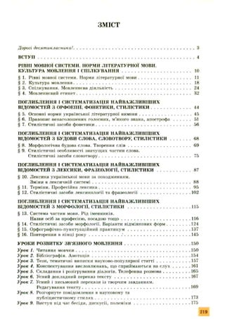 ЗМІСТ
Дорогі десятикласники!..............................................................................................................З
ВСТУП ..............................................................................................................................................4
РІВНІ МОВНОЇ СИСТЕМИ. НОРМИ ЛІТЕРАТУРНОЇ МОВИ.
КУЛЬТУРА МОВЛЕННЯ І СПІЛКУВАННЯ............................................................. 10
§ 1. Рівні мовної системи. Норми літературної мови.................................................. 11
§ 2. Культура мовлення........................................................................................................... 18
§ 3. Спілкування. Мовленнєва діяльність......................................................................24
§ 4. Мовленнєвий етикет........................................................................................................32
ПОГЛИБЛЕННЯ І СИСТЕМАТИЗАЦІЯ НАЙВАЖЛИВІШИХ
ВІДОМОСТЕЙ З ОРФОЕПІЇ, ФОНЕТИКИ. СТИЛІСТИКИ.......................................44
§ 5. Основні норми української літературної вимови................................................ 45
§ 6. Правопис ненаголошених голосних, м’якого знака, апостроф а.................. 51
§ 7. Стилістичні засоби фонетики.......................................................................................56
ПОГЛИБЛЕННЯ І СИСТЕМАТИЗАЦІЯ НАЙВАЖЛИВІШИХ
ВІДОМОСТЕЙ З БУДОВИ СЛОВА, СЛОВОТВОРУ, СТИЛІСТИКИ..................... 68
§ 8. Морфологічна будова слова. Творення с л ів ..........................................................69
§ 9. Стилістичні особливості значущих частин слова.
Стилістичні засоби словотвору..................................................................................... 75
ПОГЛИБЛЕННЯ І СИСТЕМАТИЗАЦІЯ НАЙВАЖЛИВІШИХ
ВІДОМОСТЕЙ З ЛЕКСИКИ, ФРАЗЕОЛОГІЇ, СТИЛІСТИКИ.................................87
§ 10. Лексика української мови за походженням.
Зміни в лексичній системі.......................................................................................... 88
§ 11. Терміни. Професійна лексика.....................................................................................95
§ 12. Стилістичні засоби лексикології та ф разеології..............................................102
ПОГЛИБЛЕННЯ І СИСТЕМАТИЗАЦІЯ НАЙВАЖЛИВІШИХ
ВІДОМОСТЕЙ З МОРФОЛОГІЇ, СТИЛІСТИКИ..........................................................115
§ 13. Система частин мови. Рід іменників.
Назви осіб за професією, посадою тощ о............................................................... 116
§ 14. Стилістичні засоби морфології. Варіанти відмінкових форм.......................124
§ 15. Орфографічно-пунктуаційний практикум......................................................... 137
§ 16. Повторення в кінці р о к у .............................' .............................................................145
УРОКИ РОЗВИТКУ ЗВ’ЯЗНОГО МОВЛЕННЯ............................................................ 150
Урок 1. Читання мовчки....................................................................................................... 150
Урок 2. Бібліографія. А нотація......................................................................................... 154
Урок 3. Тези, тематичні виписки науково-популярної статті................................157
Урок 4. Конспектування висловлювань, що сприймаються на с л у х .................. 161
Урок 5. Складання і розігрування діалогів. Телефонна розмова..........................165
Урок 6. Усний докладний переказ тек сту ..................................................................... 167
Урок 7. Усний і письмовий перекази із творчим завданням.
Редагування тексту..................................................................................................169
Урок 8. Розгорнуте повідомлення в науковому та
публіцистичному стилях.......................................................................................173
Урок 9. Виступ під час бесіди, дискусії, полем іки.................................................... 175
219
 