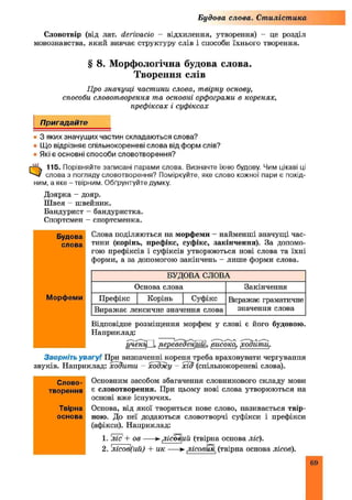 Будова слова. Стилістика
Словотвір (від лат. derivacio - відхилення, утворення) - це розділ
мовознавства, який вивчає структуру слів і способи їхнього творення.
§ 8. Морфологічна будова слова.
Творення слів
Про значущі частини слова, твірну основу,
способи словотворення та основні орфограми в коренях,
префіксах і суфіксах
Пригадайте
• 3 яких значущих частин складаються слова?
■ Що відрізняє спільнокореневі слова від форм слів?
• Які є основні способи словотворення?
0 115. Порівняйте записані парами слова. Визначте їхню будову. Чим цікаві ці
слова з погляду словотворення? Поміркуйте, яке слово кожної пари є похід­
ним, а яке - твірним. Обґрунтуйте думку.
Доярка - дояр.
Ш вея —швейник.
Бандурист - бандуристка.
Спортсмен - спортсменка.
Будова
слова
Морфеми
Слова поділяються на морфеми - найменші значущі час­
тини (корінь, префікс, суфікс, закінчення). За допомо­
гою префіксів і суфіксів утворюються нові слова та їхні
форми, а за допомогою закінчень - лише форми слова.
БУДОВА СЛОВА
Основа слова Закінчення
Префікс Корінь Суфікс Виражає граматичне
значення словаВиражає лексичне значення слова
Відповідне розміщення морфем у слові є його будовою.
Наприклад:
ученц□ , ,лерёвёВен^иШ, рисоко, ховигпщ.
Зверніть увагу! При визначенні кореня треба враховувати чергування
звуків. Наприклад: ходити - ходжу - хід (спільнокореневі слова).
Слово­
творення
Твірна
основа
Основним засобом збагачення словникового складу мови
є словотворення. При цьому нові слова утворюються на
основі вже існуючих.
Основа, від якої твориться нове слово, називається твір­
ною. До неї додаються словотворчі суфікси і префікси
(афікси). Наприклад:
1. 'ліс' + о в -----►лісовий (твірна основа ліс).
2. 'лісов'(ий) + ик ^лісовик,(твірна основа лісов).
69
 