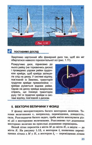 н _ ПОСТАВИМО ДОСЛІД________
Закріпимо картонний або фанерний диск так, щоб він міг
обертатися навколо горизонтальної осі (рис. 1.11).
Розкрутимо диск, піднесемо до
нього рейку (не торкаючись диска)
і проведемо уздовж рейки грудоч­
кою крейди, щоб крейда залиши­
ла слід на диску. У системі відліку,
пов’язаній із Землею, траєкторія
фудочки крейди прямолінійна —
крейда рухається вздовж рейки.
Однак на диску крейда викреслює
спіраль, що показує траєкторію
руху тієї ж грудочки крейди в сис­
темі відліку, пов'язаній з диском.
5. ВЕКТОРНІ ВЕЛИЧИНИ У ФІЗИЦІ
У фізиці використовують багато векторних величин. Та­
кими величинами є, наприклад, переміщення, швидкість,
сила. Розглядаючи багато задач, треба вміти виконувати різ­
ні дії з векторними величинами. Розглянемо тут додавання
векторних величин на прикладі додавання переміщень.
Нехай літак перелетів з міста М до міста Н, а звідти — до
міста К. На рисунку 1.12, о вектором ^ позначено перемі­
щення літака з М у Я . а вектором в2— переміщення літака
 