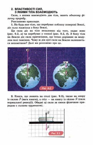 2. ВЛАСТИВОСТІ СИЛ,
З ЯКИМИ ТІЛА ВЗАЄМОДІЮТЬ
Сили, з якими взаємодіють два тіла, мають однакову фі­
зичну природу.
Розглянемо приклади.
1. На будь-яке тіло, що перебуває поблизу поверхні Землі,
діє сила тяжіння з боку Землі.
Ця сила діє на тіло незалежно від того, падає воно
(рис. 9.2, а) чи перебуває у спокої (рис. 9.2, б). З боку тіла
на Землю діє сила притягання, що точно дорівнює за моду­
лем силі тяжіння. Чому ж дія цієї сили на Землю залишаєть­
ся непомітною? Далі ми розповімо про це.
2. Книга, що лежнть на столі (рис. 9.3), тисне на опору
із силою Р (вага книги), а стіл — на книгу із сйлою N (сила
нормальної реакції). Обидві ці сили за своєю фізичною при­
родою є силами пружності.
 