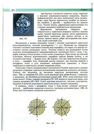 224 Розділ 4.
Мал. 197
Два бруски з великого шматка льоду, вирізані
у взаємно перпендикулярних напрямах, будуть
деформуватися під дією зовнішньої сили неодна­
ково: один брусок прогнеться подібно до метале­
вої лінійки, а другий — зруйнується як крихке
скло. Таким чином, деформація кристалічних тіл
у різних напрямах відбувається неоднаково.
Дивовижна анізотропія твердості спо­
стерігається у кристалів мінералу каїніту: вздовж
одних граней кристали каїніту легко дряпаються
дерев’яною паличкою або просто нігтем, а на
інших гранях навіть добре загострений ніж зали­
шає ледве помітний слід.
Неоднакові у різних напрямах також і теплові властивості кристалів
(теплопровідність, теплове розширення і т. д.). Нанесемо на поверхню
гіпсової і скляної пластинок тонкий шар парафіну і по черзі в їх центрі по­
ставимо сильно розжарену голку. Теплова енергія від розжареної голки
шляхом теплопровідності передаватиметься частинкам гіпсу і скла, і па­
рафін поблизу точки дотику голки почне плавитися. При цьому на гіпсовій
пластинці область розплавленого парафіну набуде форми еліпса, а на
скляній пластинці — форми кола. Як відомо, гіпс має кристалічну будову,
а скло — аморфне тіло. Описаний дослід показує, ш;о теплова енергія в
аморфних тілах в усіх напрямах поширюється однаково, а тепло-
ппровідність кристалів у різних напрямах різна.
Унаслідок строго впорядкованої внутрішньої будови кристалів у різних
напрямах усередині кристала розташована неоднакова кількість частинок.
Уздовж тих напрямів, де частинки кристала розташовані густіше
(мал. 198, а, напрями CD, КЕ), сили взаємодії між ними більші, і навпаки,
у напрямах, де частинки розташовані рідше (АВ, M N ), сили взаємодії між
ними менші. Отже, уздовж напрямів CD і КЕ міцність кристала вища, ніж
уздовж напрямів АВ і M N. З цієї причини механічні, теплові, електричні,
магнітні й оптичні властивості кристалів різні у різних напрямах.
У рідинах, газах і аморфних тілах у будь-якому напрямі розташо­
вується приблизно однакова кількість частинок речовини (мал. 198, б).
Тому такі тіла мають ізотропні властивості.
у^оо о
УОООООІЛОООООІ
/ ОО ООО 04
/оо о оо оо <
0 оо ооо о
о о о о о о о
S— ^
о o o ^ s. N
о ооо фч.
о о о о ^ < 
о o o j* o o 
о о у о о р -^
оЖ ож ^о 0
д^»со оо о
0 0 0 0 0 « ^
ооо^Уо
орЬо
іо о У о о о
>о«^оо 0 <
ч/^ООООі
Д ооо оо 0
0 ^ 0 0 оо 0,
0 ооо оо <У
0 ооо о о /
о ООООО'
о о о о ^
о
В
Е
D
Мал. 198
 