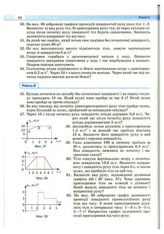 62 Розділ 1.
50. На мал. 36 зображені графіки проекцій швидкостей руху двох тіл: 1, 2.
Визначте: а) вид руху тіл; б) прискорення руху тіл; в) через скільки се­
кунд після початку руху швидкості тіл будуть однаковими. Запишіть
залежність координат тіл від часу.
51. За який час камінь, який почав своє падіння без початкової швидкості,
подолає шлях 80 м?
52. На яку максимальну висоту підніметься тіло, кинуте вертикально
вгору зі швидкістю 8 м /с?
53. Спортсмен стрибнув з десятиметрової вишки у воду. Визначте
швидкість занурення спортсмена у воду і час перебування в польоті.
Опором повітря знехтувати.
54. Гелікоптер почав підніматися із Землі вертикально вгору з прискорен­
ням 0,2 м/c^ Через 10 с з нього скинули вантаж. Через який час від по­
чатку падіння вантаж досягне Землі?
Рівень в
55. Кулька котиться по жолобу без початкової швидкості і за першу секун­
ду проходить 10 см. Який шлях вона пройде за час З с? Який шлях
вона пройде за третю секунду?
56. За яку секунду від початку рівноприскореного руху тіло пройде шлях,
втроє більший за шлях, пройдений за попередню секунду?
57. Через 10 с після початку руху швидкість поїзда дорівнює 0,6 м /с. Че-
рез який час після початку руху швидкість
поїзда дорівнюватиме З м /с?
58. Автомобіль почав рухатись з прискоренням
1,5 м/с^ і за деякий час проїхав відстань
12 м. Визначте його швидкість руху в цей
момент і середню швидкість.
59. Схил довжиною 100 м лижник проїхав за
20 с, рухаючись із прискоренням 0,3 м/c^
Яка швидкість лижника на початку і на­
прикінці схилу?
60. Тіло кинули вертикально вгору з початко­
вою швидкістю 19,6 м /с. Визначте коорди­
нату і швидкість руху тіла через З с, а також
шлях, ш;о пройшло тіло за цей час.
61. Визначте вид руху, відповідний ділянкам
графіка АВ і ВС (мал. 37). Чому дорівнює
прискорення тіла на кожній з ділянок?
Який модуль швидкості тіла на початку і
наприкінці руху?
62. На мал. 38 зображено графік залежності
проекції швидкості прямолінійного руху
тіла від часу. З яким прискоренням руха­
лось тіло в інтервалах часу: 1— 3 с; З— 5 с;
5— 7 с? Накресліть графік залежності про­
екції прискорення від часу руху.
J‘ , м/с
/ / і ^
2-
1-
0
-1
1 2 3 4 5 6 7
Мал. 38
ах. м/c^
t, с
t,c
-t-*-
Мал. 39
 
