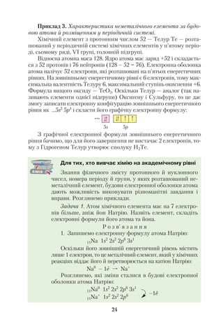 24
Приклад 3. Характеристика неметалічного елемента за будо
вою атома й розміщенням у періодичній системі.
Хімічний елемент з протонним числом 52 — Телур Те — розта
шований у періодичній системі хімічних елементів у п’ятому періо
ді, сьомому ряді, VI групі, головній підгрупі.
Відносна атомна маса 128. Ядро атома має заряд +52 і складаєть
ся з 52 протонів і 76 нейтронів (128 – 52 = 76). Електронна оболонка
атома налічує 52 електрони, які розташовані на п’ятьох енергетичних
рівнях. На зовнішньому енергетичному рівні є 6 електронів, тому мак
симальна валентність Телуру 6, максимальний ступінь окиснення +6.
Формула вищого оксиду — ТеО3. Оскільки Телур — аналог (так на
зивають елементи однієї підгрупи) Оксигену і Сульфуру, то це дає
змогу записати електронну конфігурацію зовнішнього енергетичного
рівня як …5s2
5p4
і скласти його графічну електронну формулу:
...
5s 5p
З графічної електронної формули зовнішнього енергетичного
рівня бачимо, що для його завершення не вистачає 2 електронів, то
му з Гідрогеном Телур утворює сполуку Н2Те.
Для тих, хто вивчає хімію на академічному рівні
Знання фізичного змісту протонного й нуклонного
чисел, номера періоду й групи, у яких розташований не
металічний елемент, будови електронної оболонки атома
дають можливість виконувати різноманітні завдання і
вправи. Розглянемо приклади.
Задача 1. Атом хімічного елемента має на 7 електро
нів більше, аніж йон Натрію. Назвіть елемент, складіть
електронні формули його атома та йона.
Р о з в’ я з а н н я
1. Запишемо електронну формулу атома Натрію:
11Na 1s2
2s2
2p6
3s1
Оскільки його зовнішній енергетичний рівень містить
лише 1 електрон, то це металічний елемент, який у хімічних
реакціях віддає його й перетворюється на катіон Натрію:
Na0
– 1e Na+
Розглянемо, які зміни сталися в будові електронної
оболонки атома Натрію:
11Na0
1s2
2s2
2p6
3s1
11Na+
1s2
2s2
2p6 –1е
 