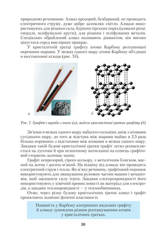 природною речовиною. Алмаз прозорий, безбарвний, не проводить
електричного струму, дуже добре заломлює світло. Алмази вико
ристовують для різання скла, буріння гірських порід (алмазні різці,
свердла, шліфувальні круги), для різання і шліфування металів.
Спеціально оброблений алмаз називають діамантом, він високо
цінується серед ювелірних прикрас.
У кристалічній ґратці графіту атоми Карбону розташовані
окремими шарами. У межах одного шару атоми Карбону об’єднані
в шестиатомні кільця (рис. 7б).
Рис. 7. Графіт і вироби з нього (а), модель кристалічної ґратки графіту (б)
Зв’язки в межах одного шару набагато сильніші, аніж з атомами
сусіднього шару, до того ж відстань між шарами майже в 2,5 раза
більша порівняно з відстанями між атомами в межах одного шару.
Завдяки такій будові кристалічної ґратки графіт легко розщеплю
ється на лусочки й при незначному натисканні на олівець графіто
вий стержень залишає напис.
Графіт непрозорий, сірого кольору, з металічним блиском, мас
ний на дотик і досить м’який. На відміну від алмазу він проводить
електричний струм і тепло. Як м’яку речовину, графітовий порошок
використовують для змащування рухомих частин машин і механіз
мів, щоб зменшити силу тертя. Завдяки електропровідності його
використовують у хімічній промисловості як матеріал для електро
дів, а завдяки теплопровідності — у теплообмінниках.
Отже, через різну будову кристалічних ґраток алмаз і графіт
проявляють відмінні фізичні властивості.
30
б
Наявність у Карбону алотропних видозмін графіту
й алмазу зумовлена різним розташуванням атомів
у кристалічних ґратках.
а
 