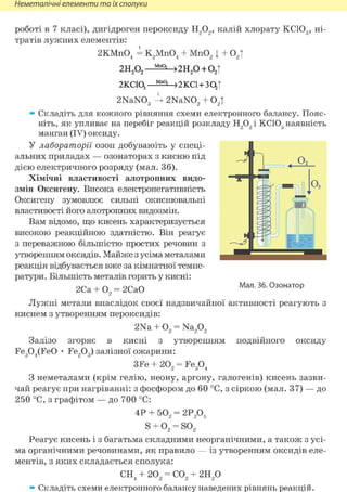 Неметалічні елементи та їх сполуки
роботі в 7 класі), дигідроген пероксиду Н202, калій хлорату КСЮ3, ні-
тратів лужних елементів:
2КМп04 і К2МП04 + Мп02 1 + 02 |
2Н202 ^ )2Н2 0 + 02Т
2КС103 шо>' >2КС1+30,|
2NaN03 Л 2NaN02 + 02 t
» Складіть для кожного рівняння схеми електронного балансу. Пояс-
ніть, як упливає на перебіг реакцій розкладу Н202 і КСЮ3 наявність
манган (IV) оксиду.
У лабораторії озон добуваюіть у спеці-
альних приладах — озонаторах з кисню під
дією електричного розряду (мал. 36).
Хімічні властивості алотропних видо-
змін Оксигену. Висока електронегативність
Оксигену зумовлює сильні окиснювальні
властивості його алотропних видозмін.
Вам відомо, що кисень характеризується
високою реакційною здатністю. Він реагує
з переважною більшістю простих речовин з
утворенням оксидів. Майже з усіма металами
реакція відбувається вже за кімнатної темпе-
ратури. Більшість металів горить у кисні:
2Са + 0 2 = 2СаО Мал. 36. Озонатор
Лужні метали внаслідок своєї надзвичайної активності реагують з
киснем з утворенням пероксидів:
2Na + 02 = Na202
Залізо згоряє в кисні з утворенням подвійного оксиду
Fe304(Fe0 • Fe203) залізної ожарини:
ЗFe + 202 = Fe304
З неметалами (крім гелію, неону, аргону, галогенів) кисень зазви-
чай реагує при нагріванні: з фосфором до 60 °С, з сіркою (мал. 37) — до
250 °С, з графітом — до 700 °С:
4P + 502 = 2Р2Об
S + 02 = so2
Реагує кисень і з багатьма складними неорганічними, а також з усі-
ма органічними речовинами, як правило — із утворенням оксидів еле-
ментів, з яких складається сполука:
СН4 + 202 = С02 + 2Н2 0
» Складіть схеми електронного балансу наведених рівнянь реакцій.
 