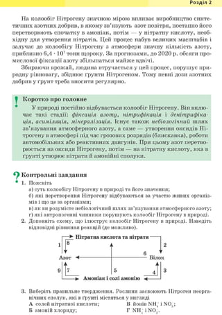 Розділ 1
На колообіг Нітрогену значною мірою впливає виробництво синте-
тичних азотних добрив, в якому зв'язують азот повітря, поетапно його
перетворюють спочатку в амоніак, потім — у нітратну кислоту, необ-
хідну для утворення нітратів. Цей процес набув великих масштабів і
залучає до колообігу Нітрогену з атмосфери значну кількість азоту,
приблизно 6,4 • 107 тонн щороку. За прогнозами, до 2020 р. обсяги про-
мислової фіксації азоту збільшаться майже вдвічі.
Збираючи врожай, людина втручається у цей процес, порушує при-
родну рівновагу, збіднює ґрунти Нітрогеном. Тому певні дози азотних
добрив у ґрунт треба вносити регулярно.
I Коротко про головне
У природі постійно відбувається колообіг Нітрогену. Він вклю-
чає такі стадії: фіксація азоту, нітрифікація і денітрифіка-
ція, асиміляція, мінералізація. Існує також небіологічний шлях
зв'язування атмосферного азоту, а саме — утворення оксидів Ні-
трогену в атмосфері під час грозових розрядів (блискавка), роботи
автомобільних або реактивних двигунів. При цьому азот перетво-
рюється на оксиди Нітрогену, потім — на нітратну кислоту, яка в
ґрунті утворює нітрати й амонійні сполуки.
^ Контрольні завдання
• 1. Поясніть
а) суть колообігу Нітрогену в природі та його значення;
б) які перетворення Нітрогену відбуваються за участю живих організ-
мів і що це за організми;
в) як ви розумієте небіологічний шлях зв'язування атмосферного азоту;
г) які антропогенні чинники порушують колообіг Нітрогену в природі.
2. Доповніть схему, що ілюструє колообіг Нітрогену в природі. Наведіть
відповідні рівняння реакцій (де можливо).
• Нітратна кислота та нітрати ~
8
Азот <-
Ж
7
6
Білок
А
-> Амоніак і солі амонію
3. Виберіть правильне твердження. Рослини засвоюють Нітроген неорга-
нічних сполук, які в ґрунті містяться у вигляді
А солей нітратної кислоти; В йонів NH+ і N03;
Б амоній хлориду; Г NH+ і NO~.
 