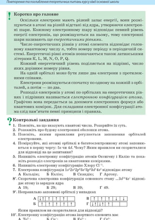 Повторення та поглиблення теоретичнихпитань курсухіміїосновноїшколи
I Коротко про головне
Оскільки електрони мають різний запас енергії, вони розмі-
щуються в атомі на різній відстані від ядра, утворюючи електрон-
ні шари. Кожному електронному шару відповідає певний рівень
енергії електронів, що розміщуються на ньому, тому електронні
шари називають ще енергетичними рівнями.
Число енергетичних рівнів у атомі елемента відповідає голов-
ному квантовому числу п, тобто номеру періоду в періодичній си-
стемі. Енергетичні рівні атомів позначаються також латинськими
літерами К, L, М, N, О, Р, Q.
Кожний енергетичний рівень поділяється на підрівні, число
яких дорівнює номеру рівня.
На одній орбіталі може бути лише два електрони з протилеж-
ними спінами.
Електрони розміщуються спочатку по одному на кожній з орбі-
талей, а потім — по два.
Розподіл електронів у атомі по орбіталях на енергетичних рів-
нях і підрівнях називається електронною конфігурацією атома.
Графічно вона передається за допомоги електронних формул або
квантових комірок. Для складання електронної конфігурації ато-
ма слід пам'ятати певні принципи і правила.
^ Контрольні завдання
• 1. Поясніть, на що вказують квантові числа. Розкрийте їх суть.
2. Розкажіть про будову електронної оболонки атома.
3. Поясніть, якими правилами регулюється заповнення орбіталей
електронами.
4. Поміркуйте, які атомні орбіталі в багатоелектронному атомі заповню-
ються в першу чергу: 5s чи 4d. Чому? Яким правилом ви скористалися
для відповіді на це запитання?
5. Напишіть електронну конфігурацію атомів Оксигену і Калію та пока-
жіть розподіл електронів за квантовими комірками.
6. Напишіть електронну конфігурацію Хлору С1+5.
7. Електронна конфігурація ls22s22p63s23p63d14s2 відповідає атому
А Кальцію; Б Калію; В Скандію; Г Аргону.
8і. Скорочена електронна конфігурація основного стану ...3d104s1 відпові-
дає атому із зарядом ядра
А 19; Б 29; В 39;
9і. Неправильно заповнені орбіталі у випадках
Г 49.
4 Т t T T
t t t t t
в Т Т Т 4 4
г i t 4t t
Яким правилом ви скористалися для відповіді?
10*. Електронну конфігурацію атома інертного елемента має
2 + 2+ 3+
 