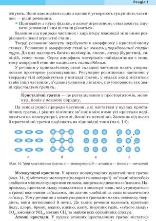 Розділ 1
існують. Вони взаємодіють одна з одною й утворюють сукупність части-
нок — різні речовини.
• Пригадайте з курсу фізики, в якому агрегатному стані можуть існу-
вати речовини і чим ці стани різняться.
Залежно від природи частинок і характеру взаємодії між ними роз-
різняють певні агрегатні стани.
Тверді речовини можуть перебувати в аморфному і кристалічному
CTäHäX• Речовини в аморфному стані не мають упорядкованої струк-
тури. До них належить багато полімерів, смоли, янтар (бурштин), си-
ліцій, селен тощо. Серед аморфних матеріалів найвідомішим є скло,
тому аморфний стан ще називають склоподібним.
У речовин у кристалічному стані складові частинки мають упоряд-
коване просторове розташування. Регулярне розміщення частинок у
твердому тілі зображується у вигляді ґраток, у вузлах яких містяться
ті або інші частинки, з'єднані уявними лініями, що утворюють так зва-
ні кристалічні ґратки.
Кристалічні ґратки — це розташування у просторі атомів, моле-
кул, йонів у певному порядку.
На основі різної природи частинок, які містяться у вузлах криста-
лічних ґраток, і різних хімічних зв'язків між ними усі кристали поді-
ляються на молекулярні, атомні, йонні та металічні. Залежно від цього
й кристалічні ґратки поділяють на відповідні типи (мал. 14).
+
- +
- +
О - О - О О О О © О . ±
о о о - X j © О 9 © О . 0
о о о K j - O О О О О © О
а б в г
Мал. 14. Типи кристалічних ґраток: о — молекулярні; б— атомні; в— йонні; г — металічні
Молекулярні кристали. У вузлах молекулярних кристалічних ґраток
(мал. 14, а) містяться молекули (полярні та неполярні), зв'язані між собою
слабкими міжмолекулярними силами, зокрема водневими зв'язками. На-
приклад, кристали льоду складаються з молекул води, які утримуються
в ґратці водневими зв'язками, що значно слабкіші за сили ковалентного
зв'язку. Тому речовини з молекулярними ґратками мають невелику твер-
дість, вони легкоплавкі й леткі. До таких речовин належать кристали
йоду, хлору, брому, водню, кисню, азоту, інертних газів, «сухого льоду»
С02, амоніаку NH3, метану СН4 та майже всіх органічних сполук.
Атомні кристали. У вузлах атомних кристалічних ґраток містяться
 