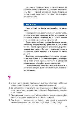 11
Існують речовини, у яких ступені окиснення
елементів відрізняються від значень валентно
сті. Це — прості речовини (крім інертних
газів), деякі неорганічні сполуки, багато орга
нічних сполук.
ВИСНОВКИ
Неметалічні елементи поширеніші за мета
лічні.
Поширеність хімічного елемента визначають
за його атомною часткою, тобто відношенням
кількості атомів елемента до кількості атомів
усіх елементів у певному середовищі.
Атоми неметалічних елементів мають на зов
нішньому енергетичному рівні від 4 до 8 елек
тронів і здатні приєднувати електрони, перетво
рюючись на аніони. Ця властивість посилюється
в періодах зліва направо, а в групах — знизу
догори.
Значення валентності неметалічного елемен
та визначається кількістю неспарених електро
нів у його атомі, що взяли участь в утворенні
ковалентних зв’язків з іншими атомами.
Ступені окиснення неметалічних елементів у
сполуках можуть бути від’ємними або додатни
ми числами.
?
1. У якій групі (групах) періодичної системи міститься найбільше
неметалічних елементів, а в якій (яких) — найменше?
2. За матеріалами Інтернету та іншими джерелами інформації підго
туйте стисле повідомлення про роль Флуору, Йоду і Фосфору в орга
нізмі людини.
3. Використавши уявлення про збуджений стан атома, спрогнозуйте
можливі значення валентності: а) Силіцію; б) Хлору.
4. Яку будову — молекулярну чи йонну — має кожна з речовин із
такими формулами: LiCl, HCl, NaH, Na2S, MgO, CO, NF3, CaF2?
 