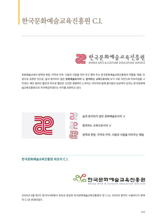 017
한국문화예술교육진흥원 C.I.
문화예술교육의 정책과 현장, 지역과 지역, 사람과 사람을 이어 주고 맺어 주는 한국문화예술교육진흥원의 역할을 '매듭' 모
양으로 표현한 것으로, 삶과 분리되지 않은 문화예술로서의 'a', 참여하는 교육으로서의 'e'가 서로 자연스레 어우러짐을 나
타낸다. 메인 컬러인 빨강과 어두운 빨강은 신선한 생명력이 느껴지는 이미지와 함께 즐거움과 상상력이 넘치는 한국문화예
술교육진흥원으로 자리매김하겠다는 의지를 표현하고 있다.
한국문화예술교육진흥원 최초의 C.I.
2005년 6월 제2차 정기이사회에서 최초로 등장한 한국문화예술교육진흥원의 첫 C.I.는 2005년 말까지 사용되다가 현재
의 C.I.로 변경되었다.
삶과 분리되지 않은 문화예술로서의 'a'
참여하는 교육으로서의 'e'
정책과 현장, 지역과 지역, 사람과 사람을 이어주는 매듭
 