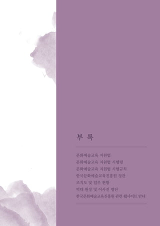 문화예술교육 지원법
문화예술교육 지원법 시행령
문화예술교육 지원법 시행규칙
한국문화예술교육진흥원 정관
조직도 및 업무 현황
역대 원장 및 이사진 명단
한국문화예술교육진흥원 관련 웹사이트 안내
부 록
 